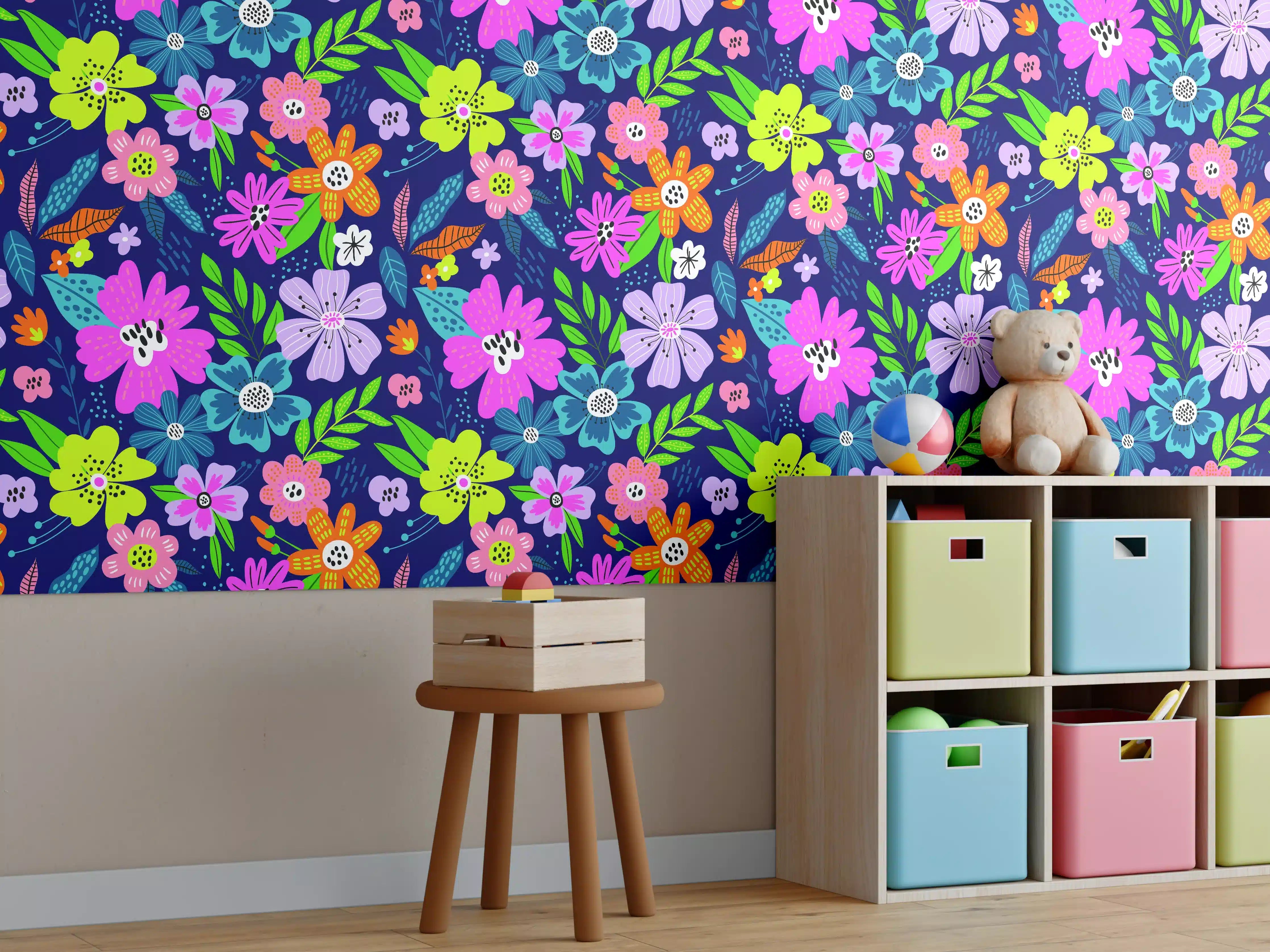 Kinderzimmer Wandgestaltung - Bunte Blumenmuster mit lebendiger Farbvielfalt