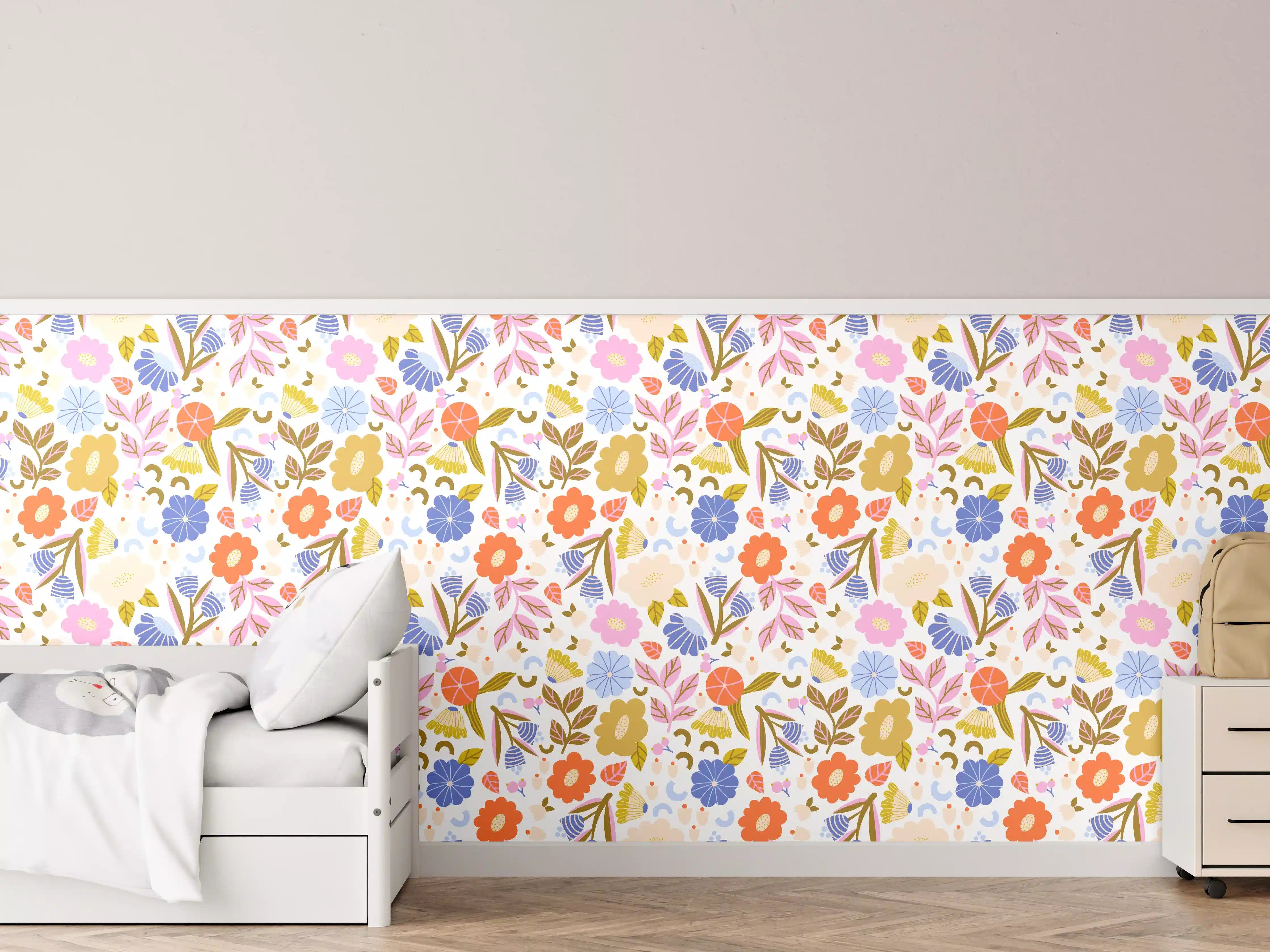 Kinderzimmer Wandgestaltung - Bunte Blumenmuster mit pastellfarbenem Hintergrund