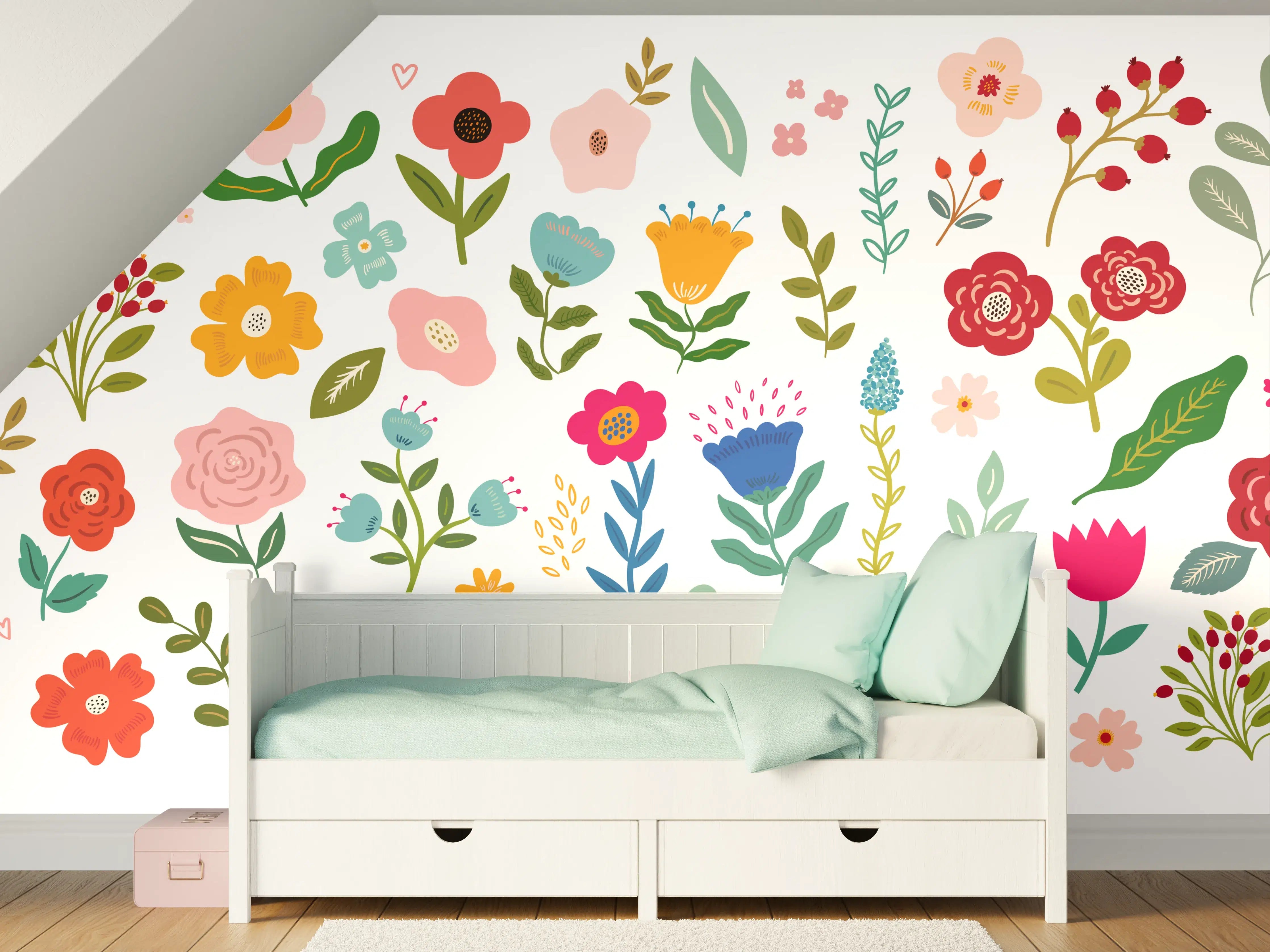 Kinderzimmer Wandgestaltung - Bunte Blumenmuster mit vielfältigen Blüten