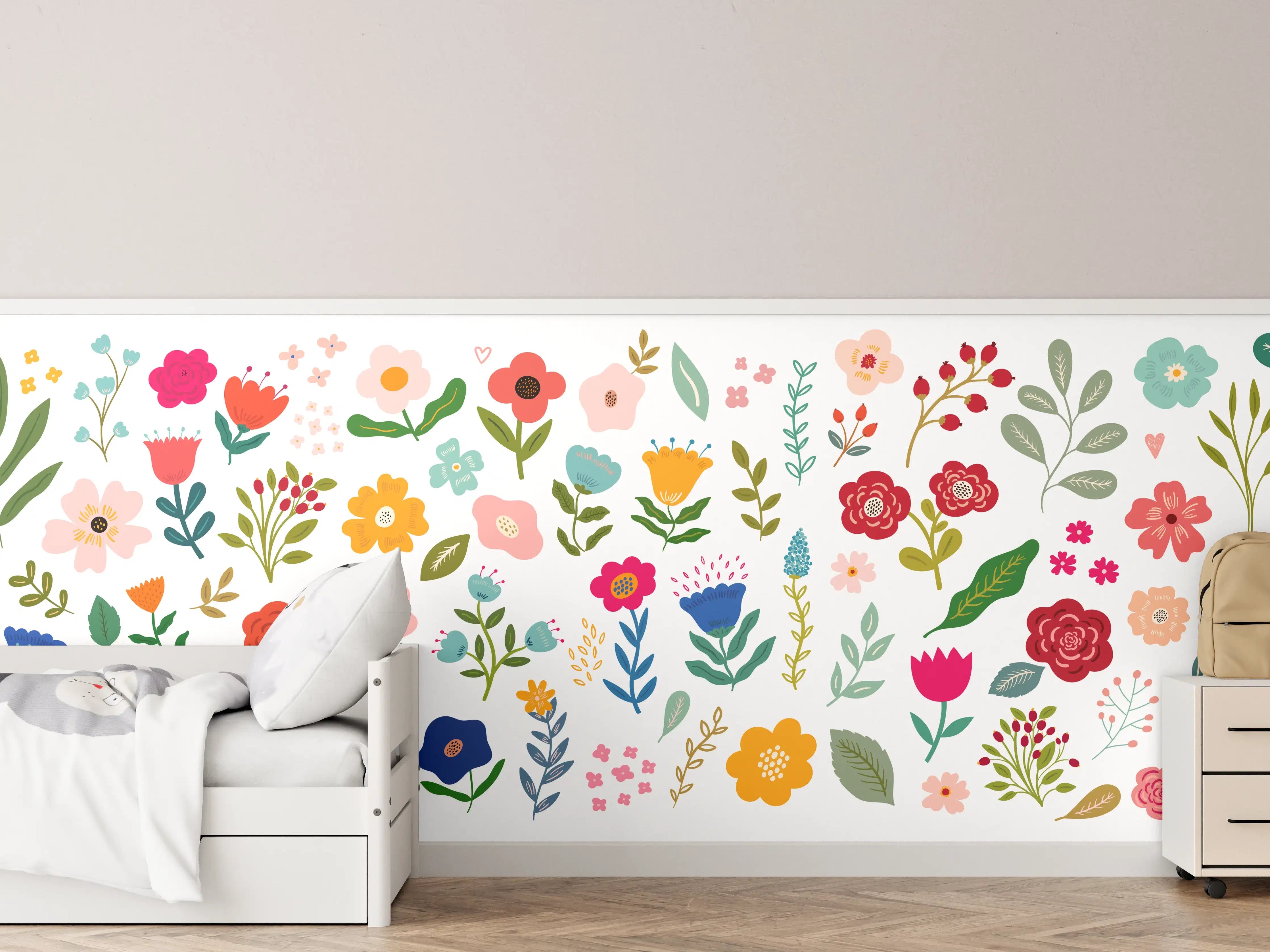 Kinderzimmer Wandgestaltung - Bunte Blumenmuster mit vielfältigen Blüten