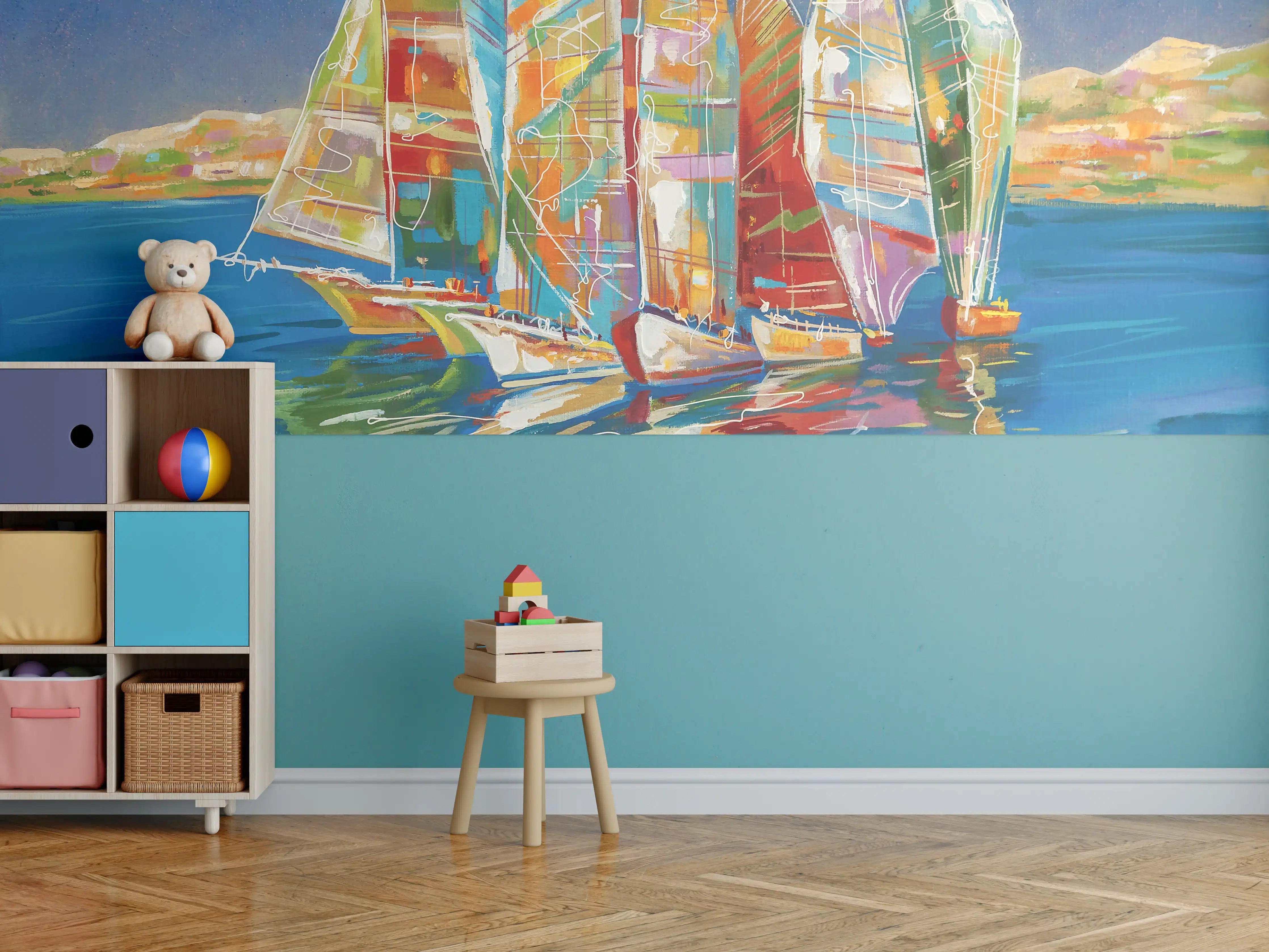 Kinderzimmer Wandgestaltung - Bunte Boote auf dem Meer - Ölgemälde