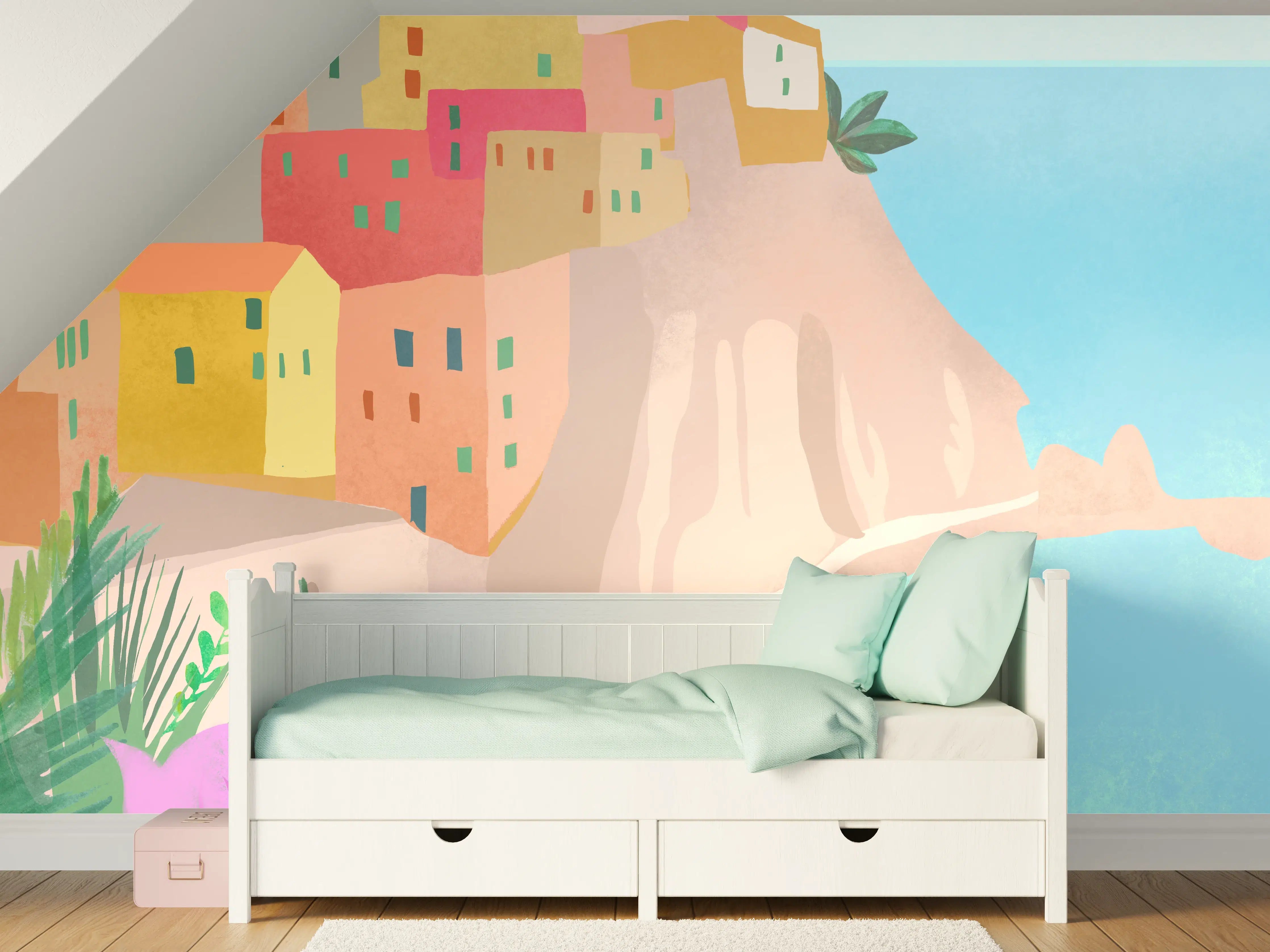 Kinderzimmer Wandgestaltung - Bunte Cinque Terre Illustration