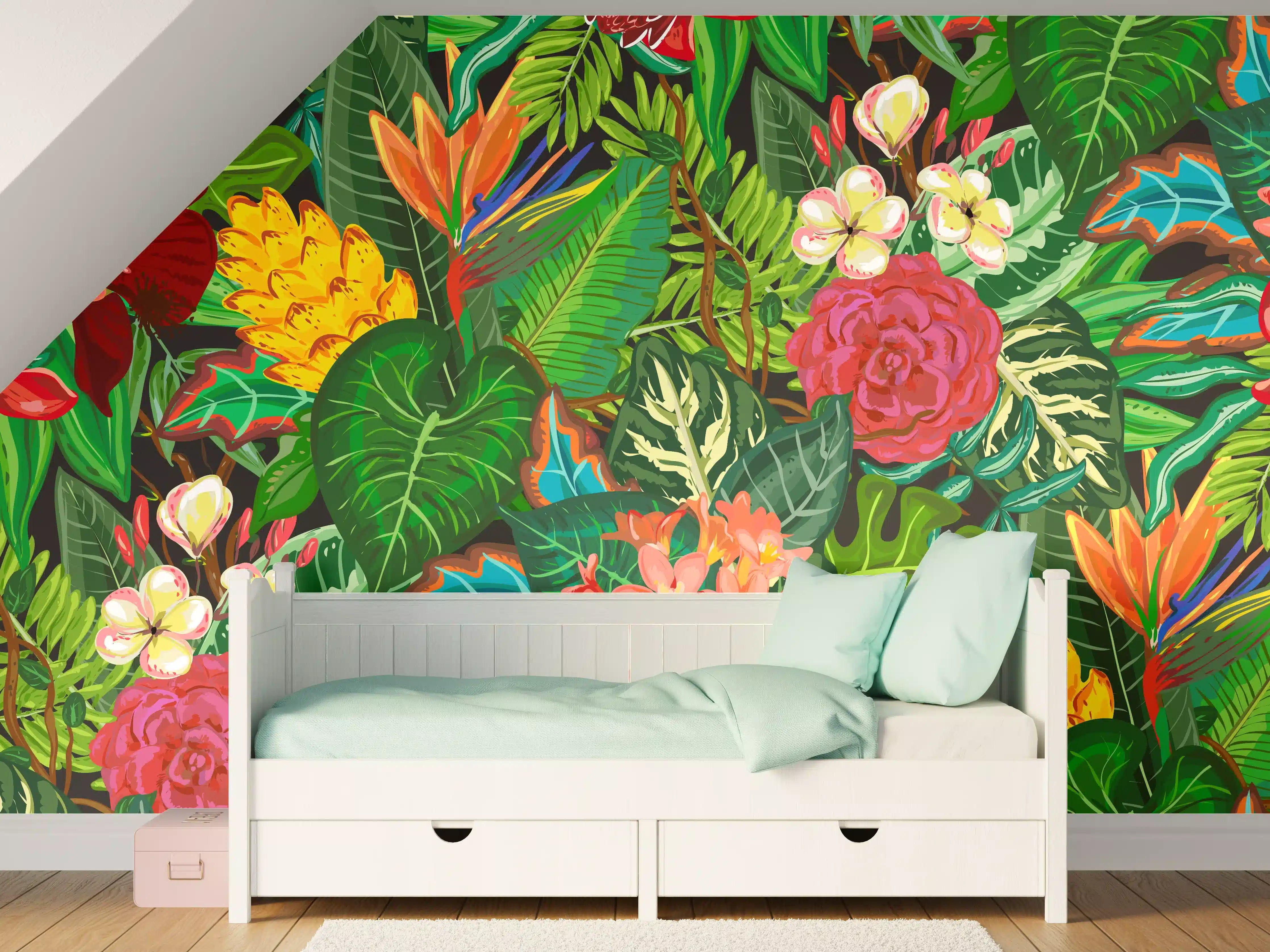 Kinderzimmer Wandgestaltung - Bunte Dschungel-Muster-Tapete