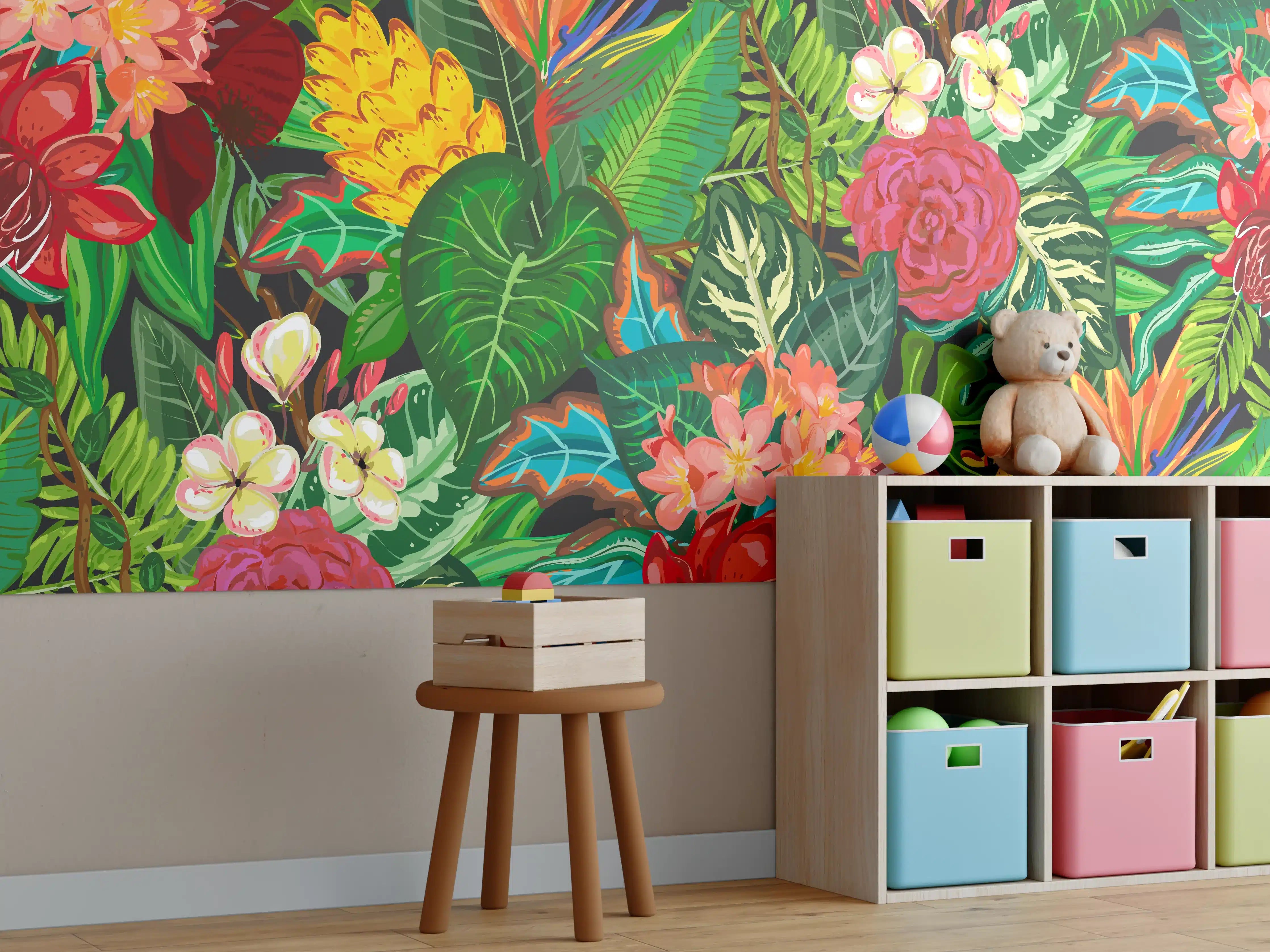 Kinderzimmer Wandgestaltung - Bunte Dschungel-Muster-Tapete