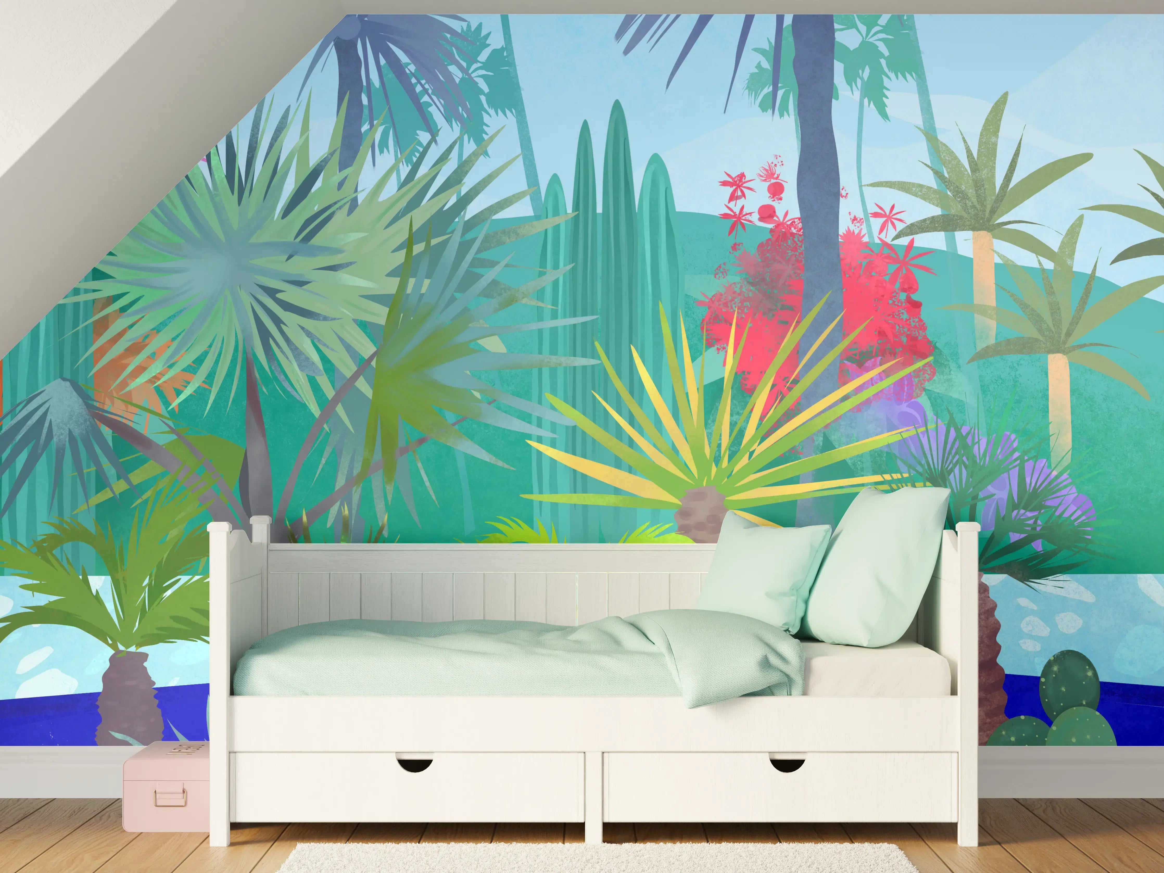 Kinderzimmer Wandgestaltung - Bunte Dschungelkulisse mit Palmen und Wasserlilien