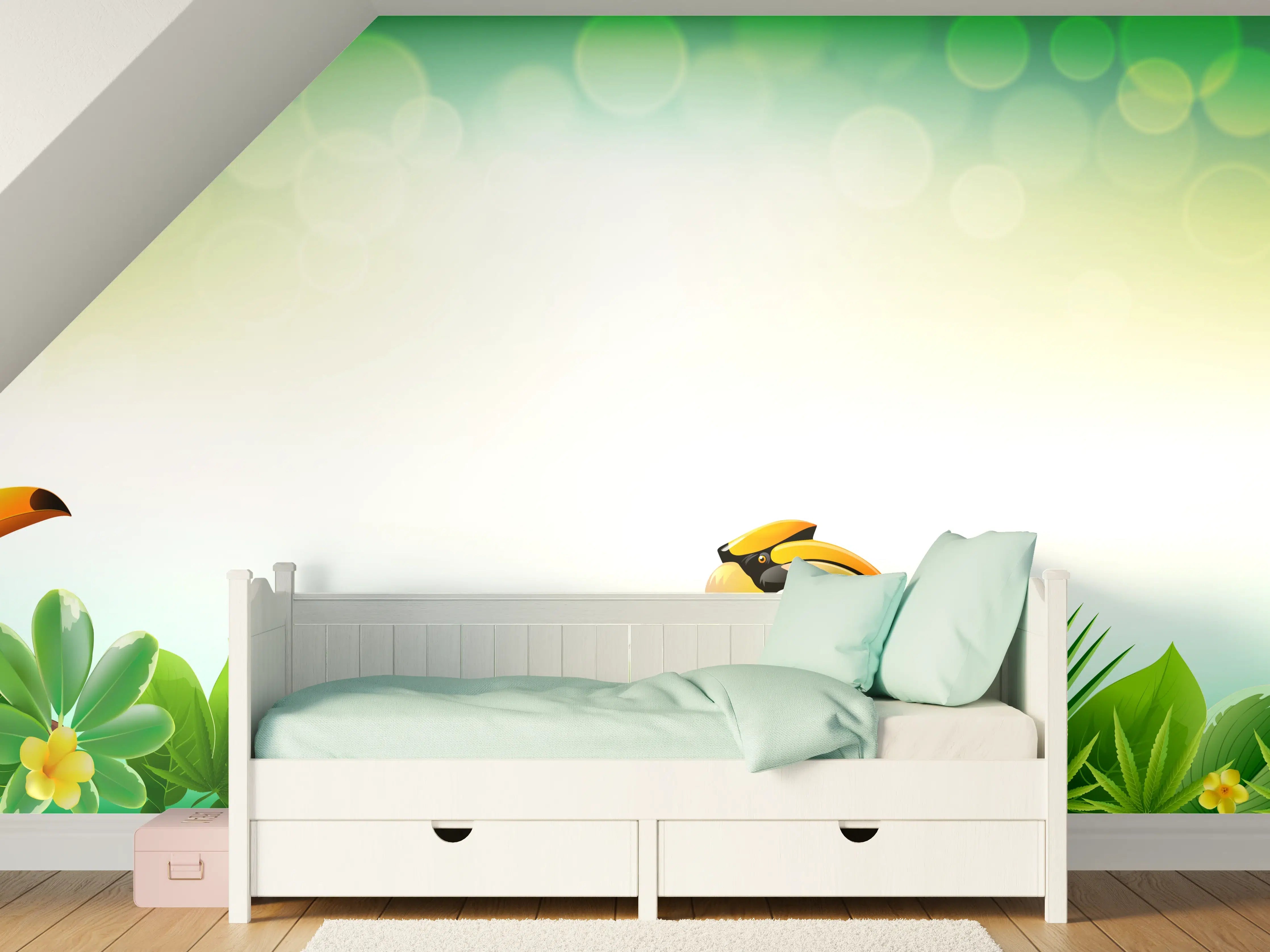 Kinderzimmer Wandgestaltung - Bunte Dschungelwelt mit Tieren und tropischer Vegetation