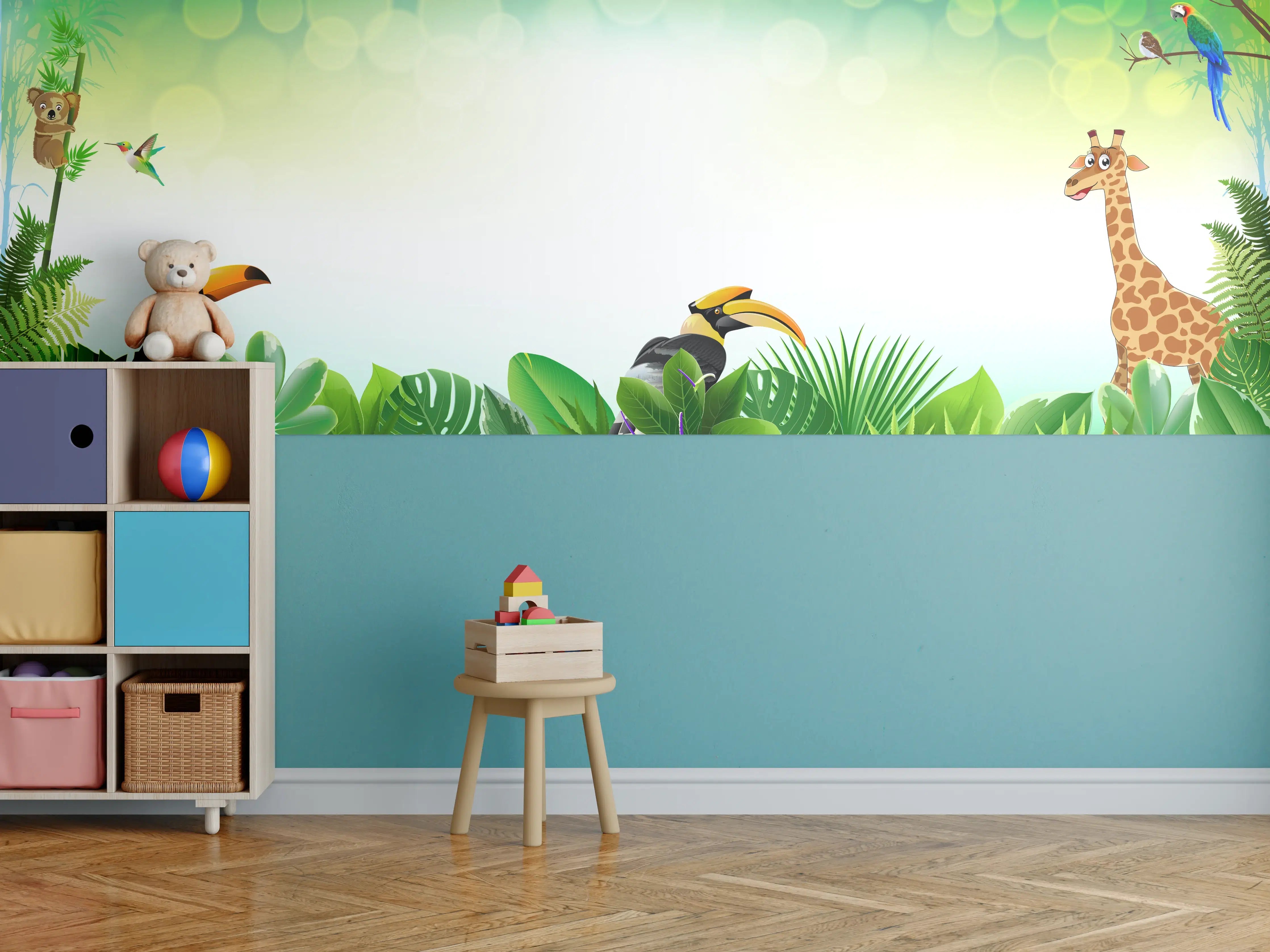 Kinderzimmer Wandgestaltung - Bunte Dschungelwelt mit Tieren und tropischer Vegetation
