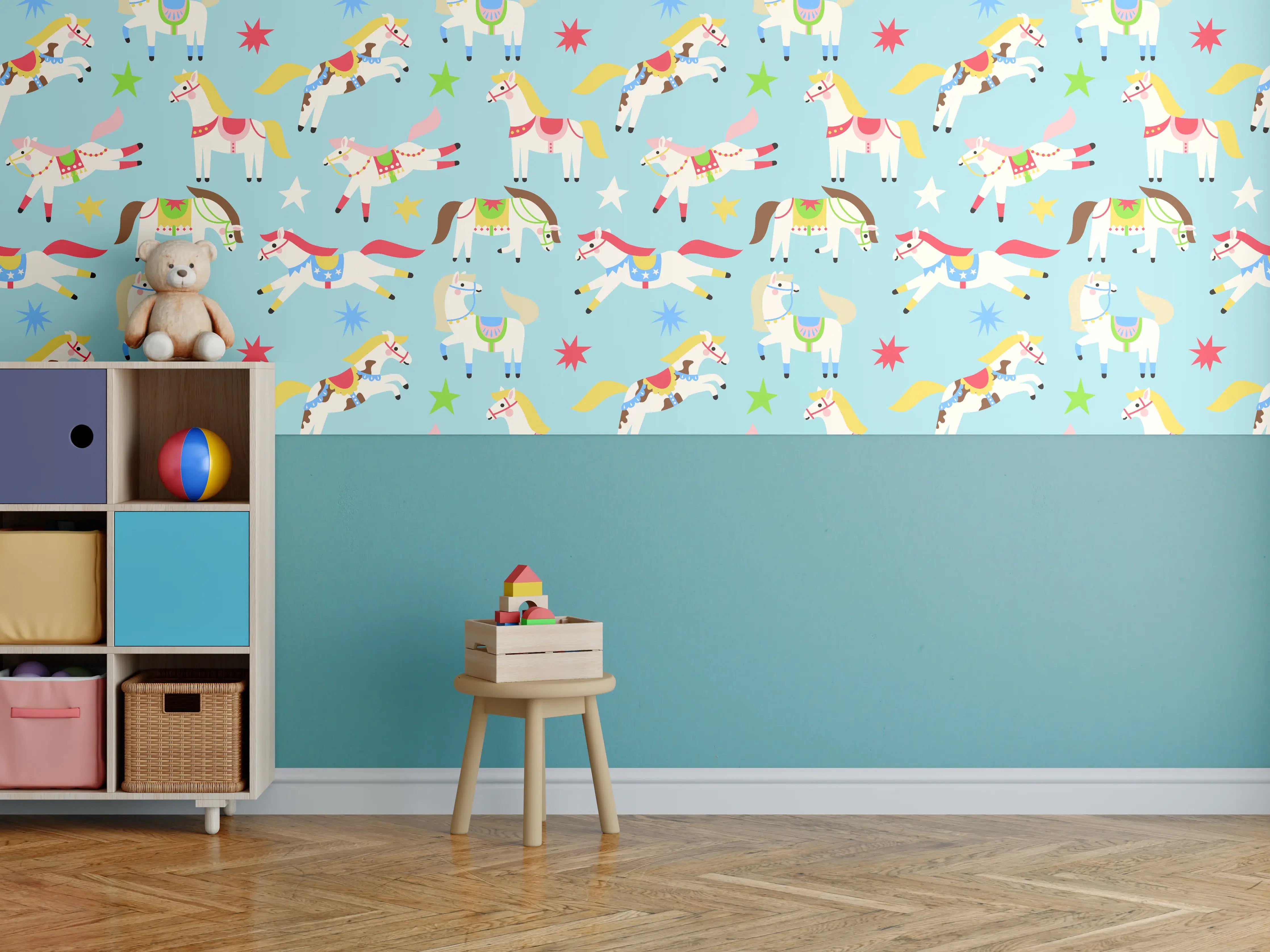 Kinderzimmer Wandgestaltung - Bunte Einhörner auf hellblauem Hintergrund