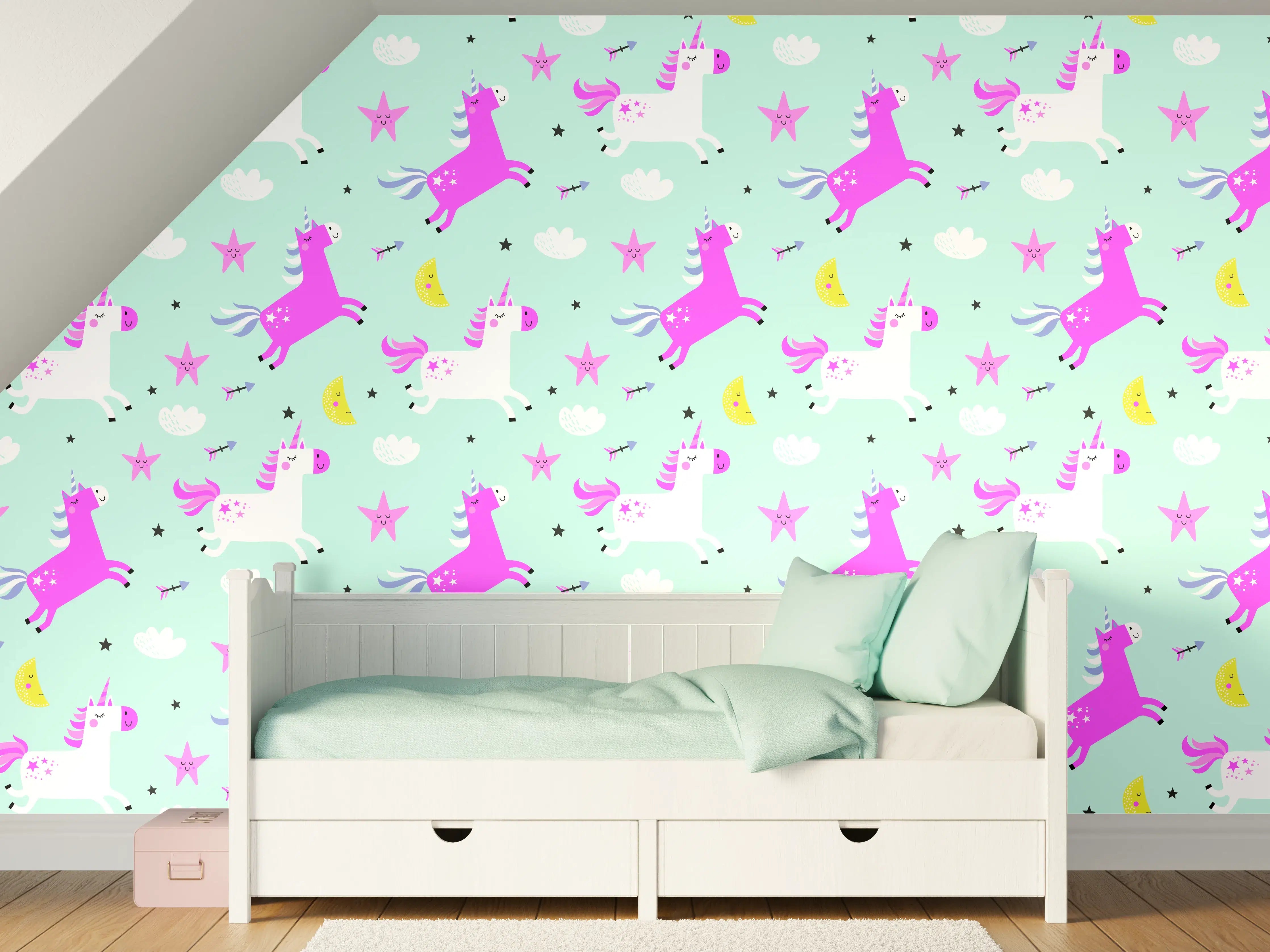 Kinderzimmer Wandgestaltung - Bunte Einhorn- und Sterne-Muster
