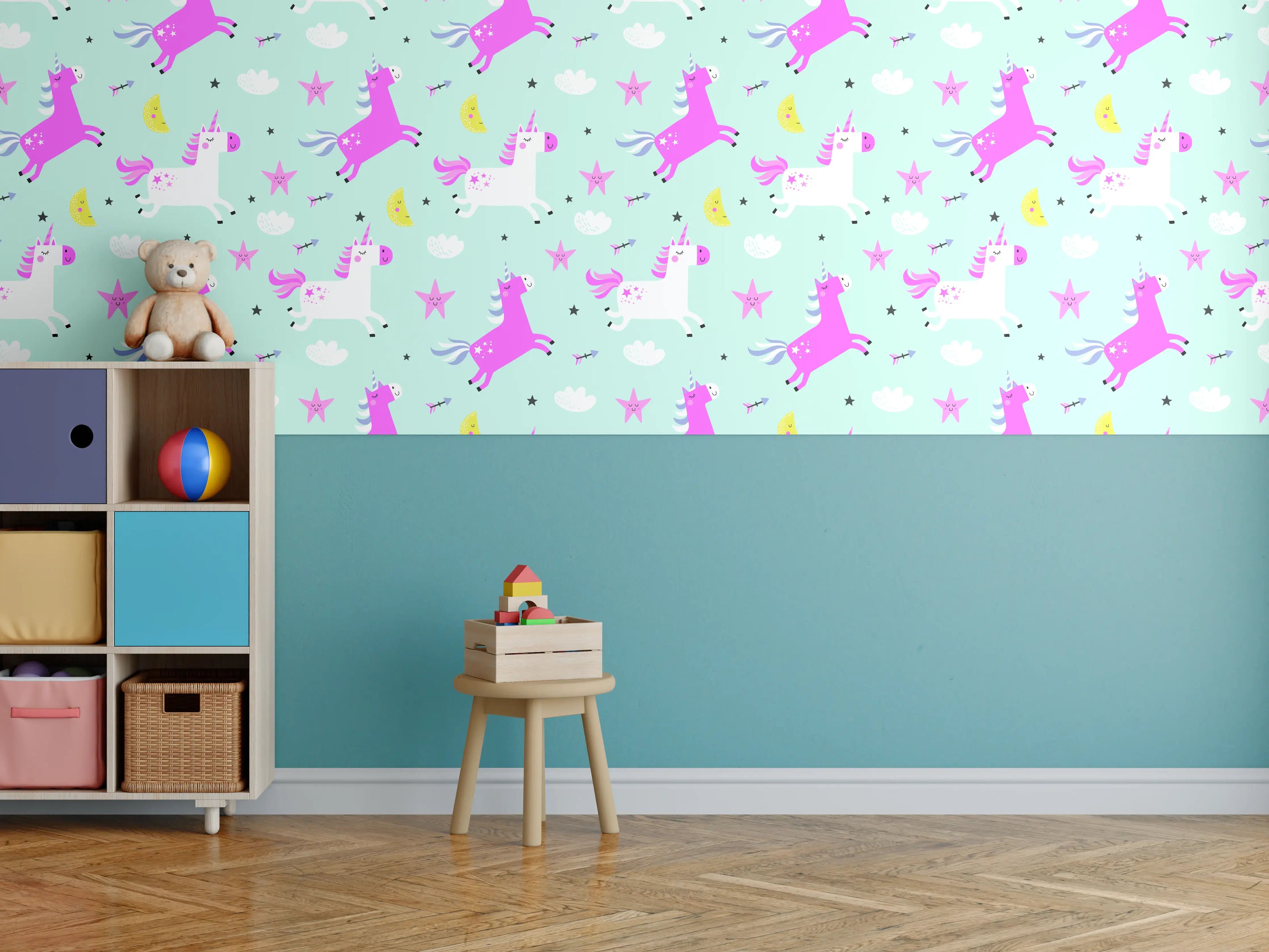 Kinderzimmer Wandgestaltung - Bunte Einhorn- und Sterne-Muster