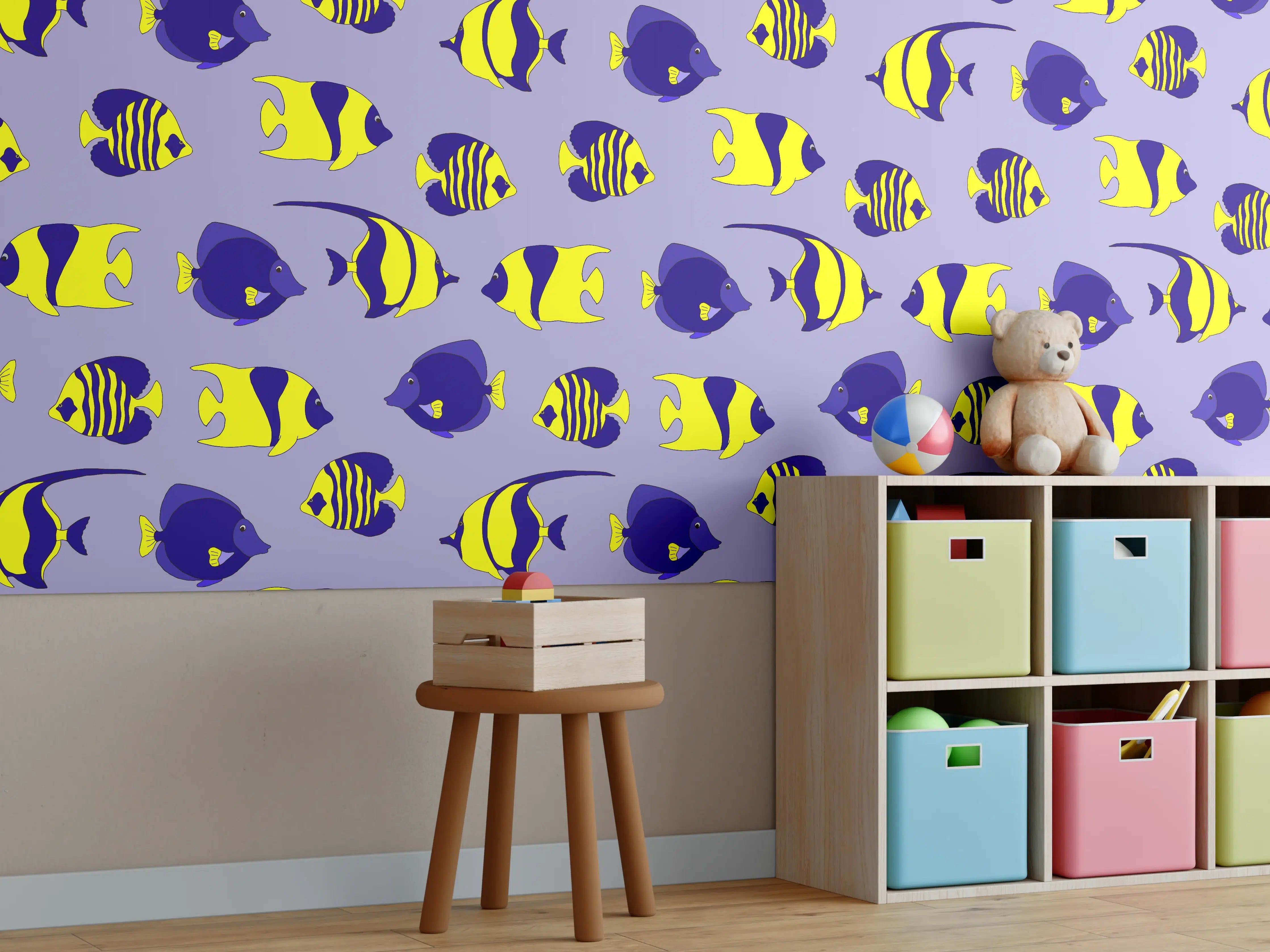 Kinderzimmer Wandgestaltung - Bunte Fischwelt auf lila Hintergrund