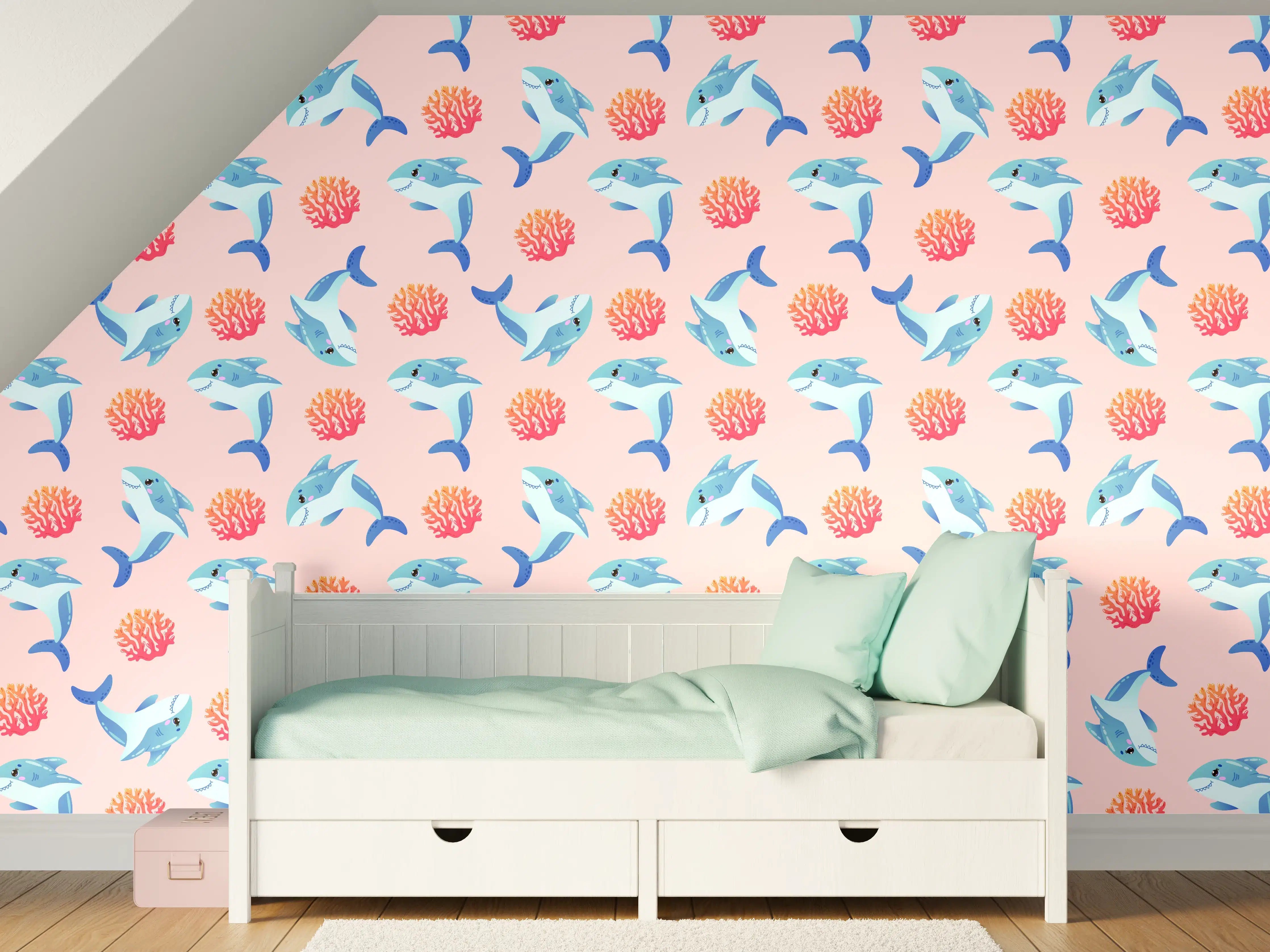 Kinderzimmer Wandgestaltung - Bunte Flamingos und Korallen auf Himmelblau