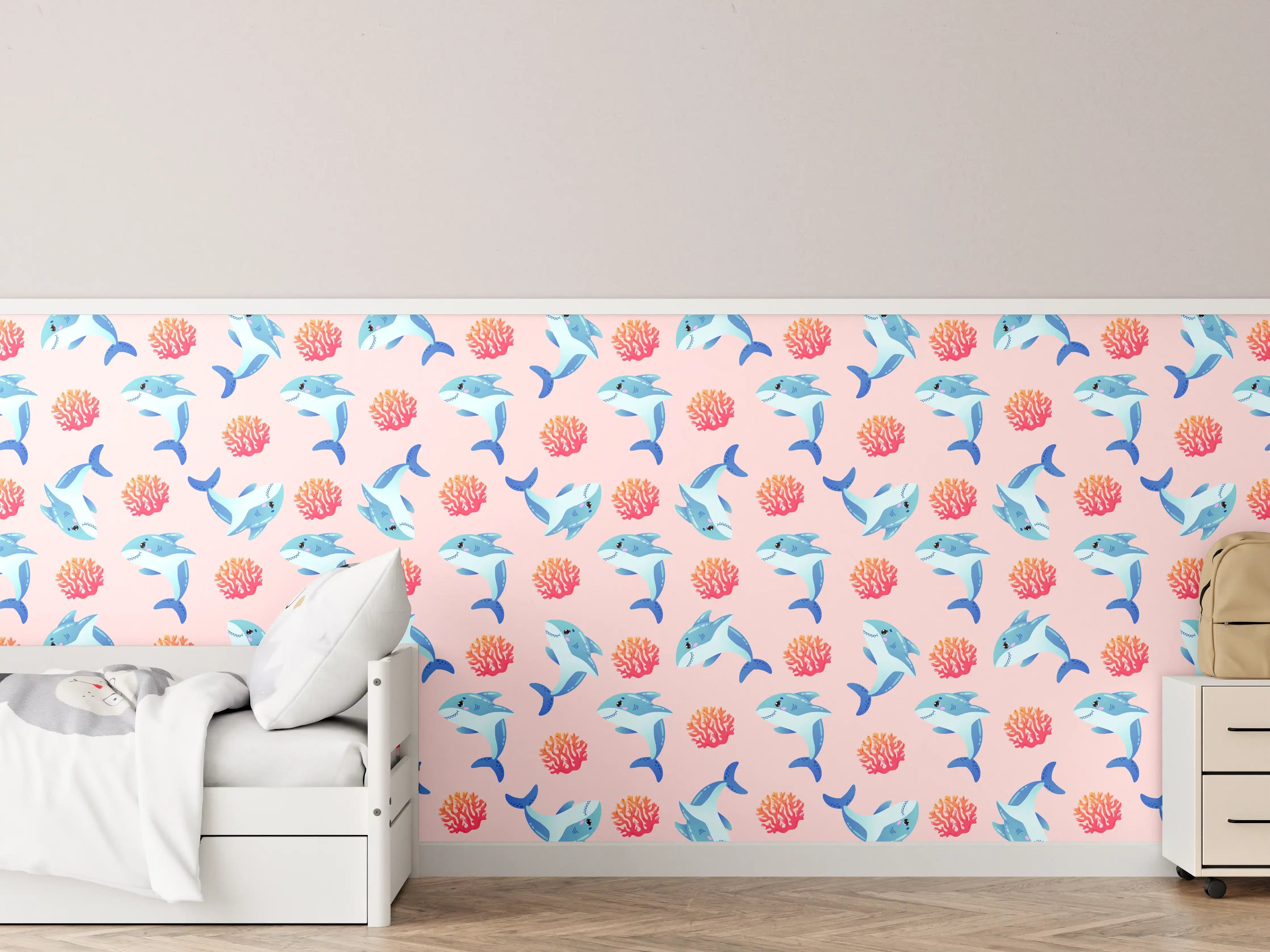 Kinderzimmer Wandgestaltung - Bunte Flamingos und Korallen auf Himmelblau