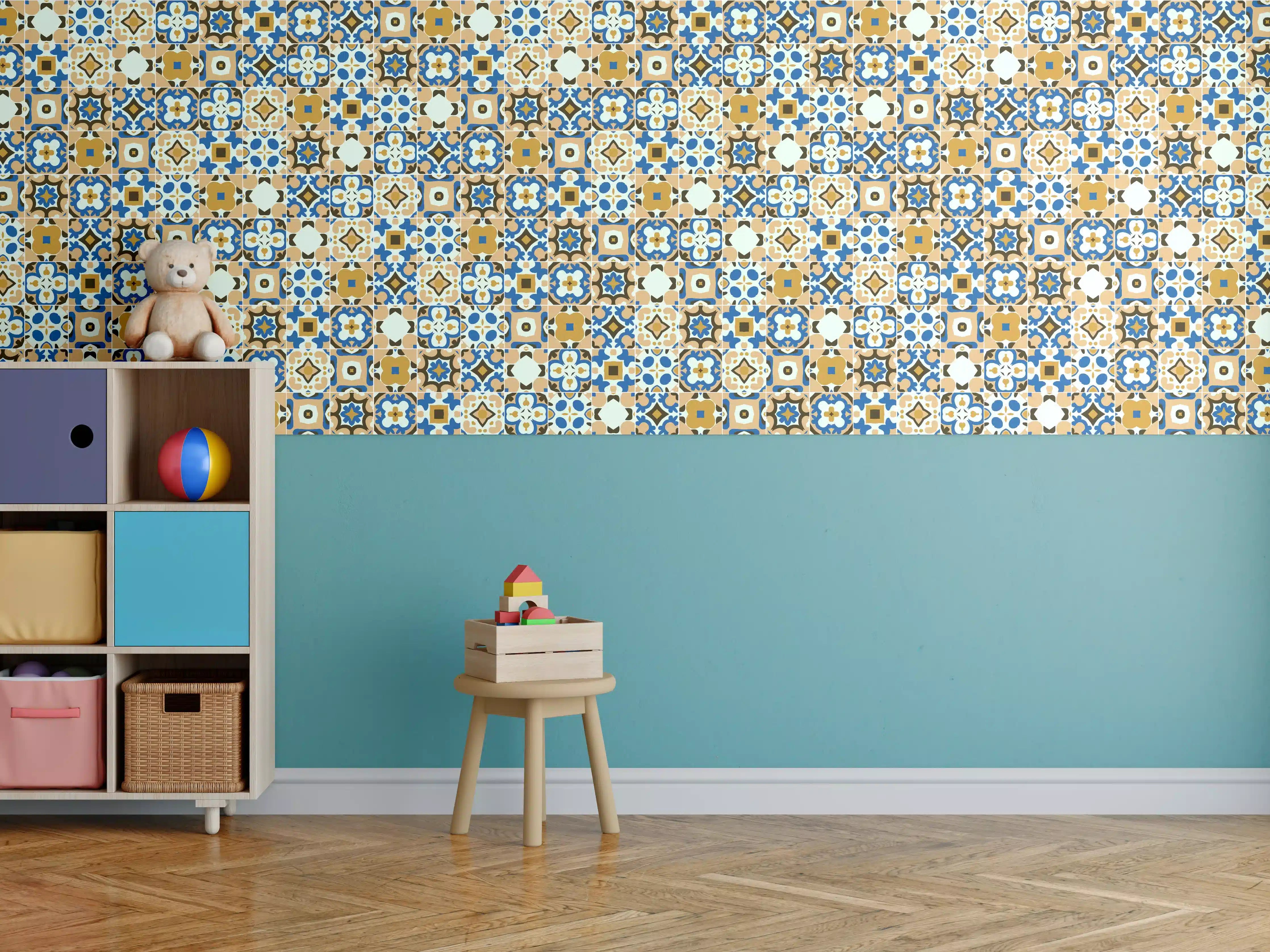 Kinderzimmer Wandgestaltung - Bunte Fliesenmuster in Blau, Gold und Creme
