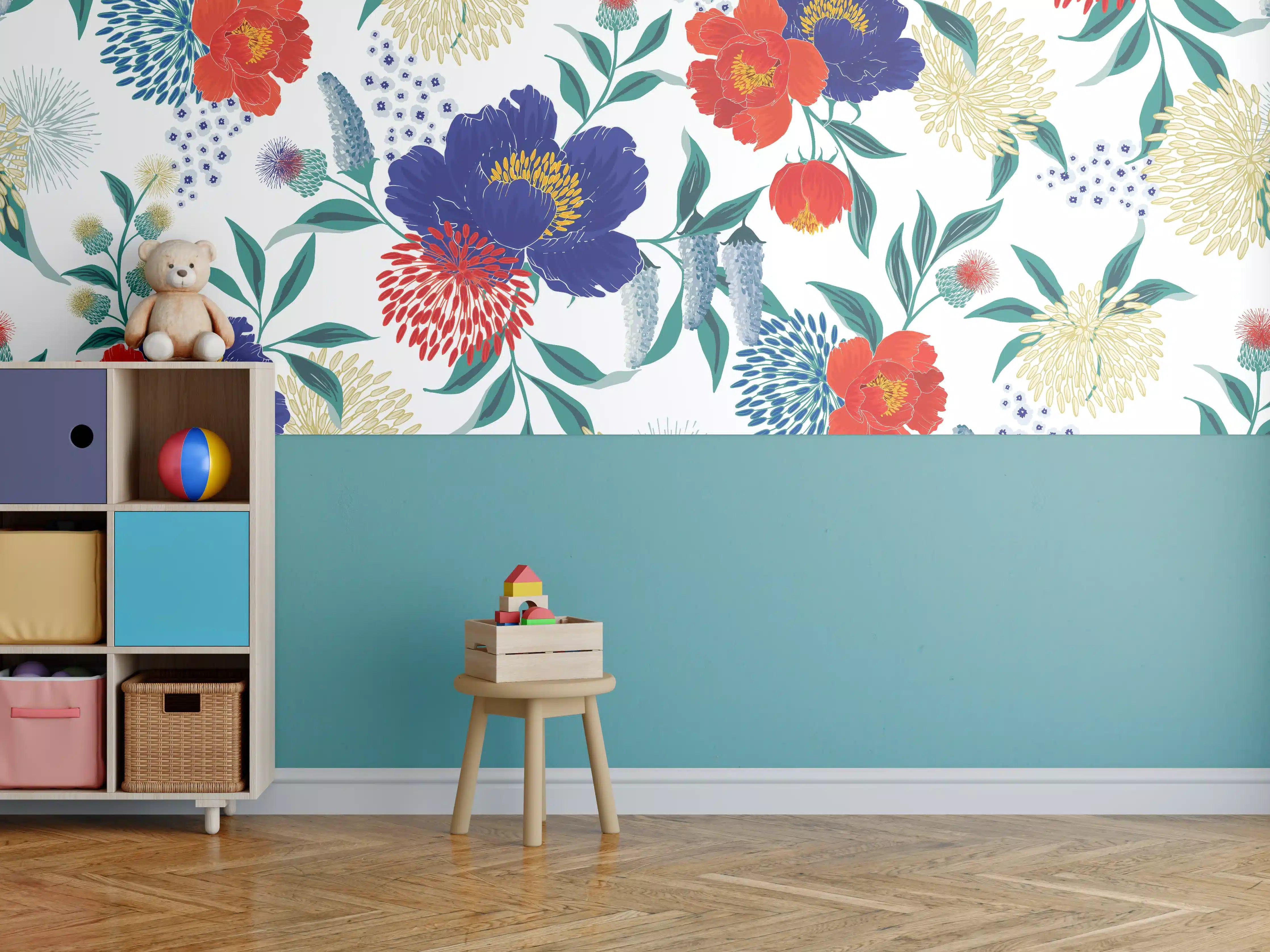 Kinderzimmer Wandgestaltung - Bunte Florale Muster Tapete