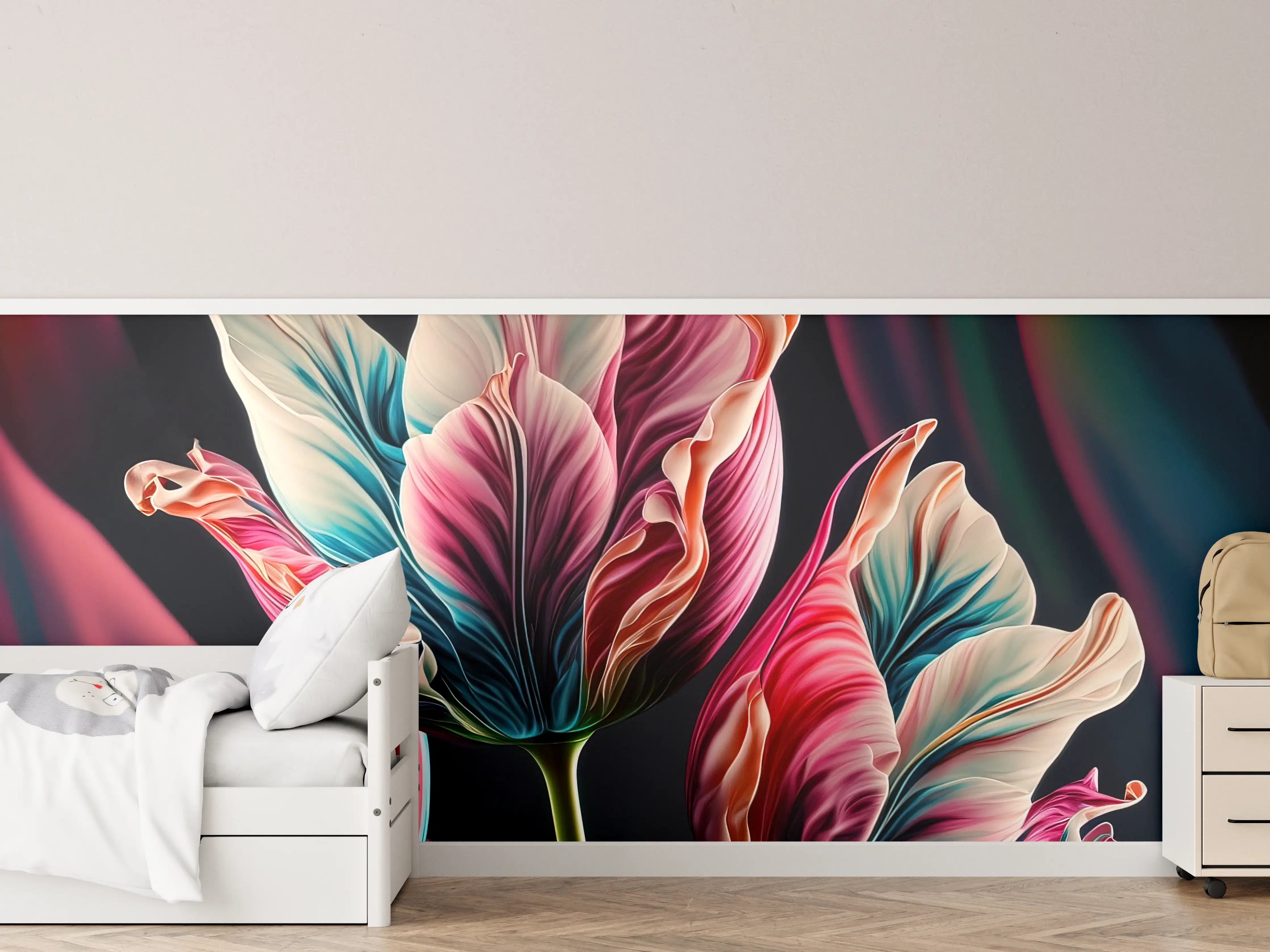 Kinderzimmer Wandgestaltung - Bunte Fluid Kunst Tulpen