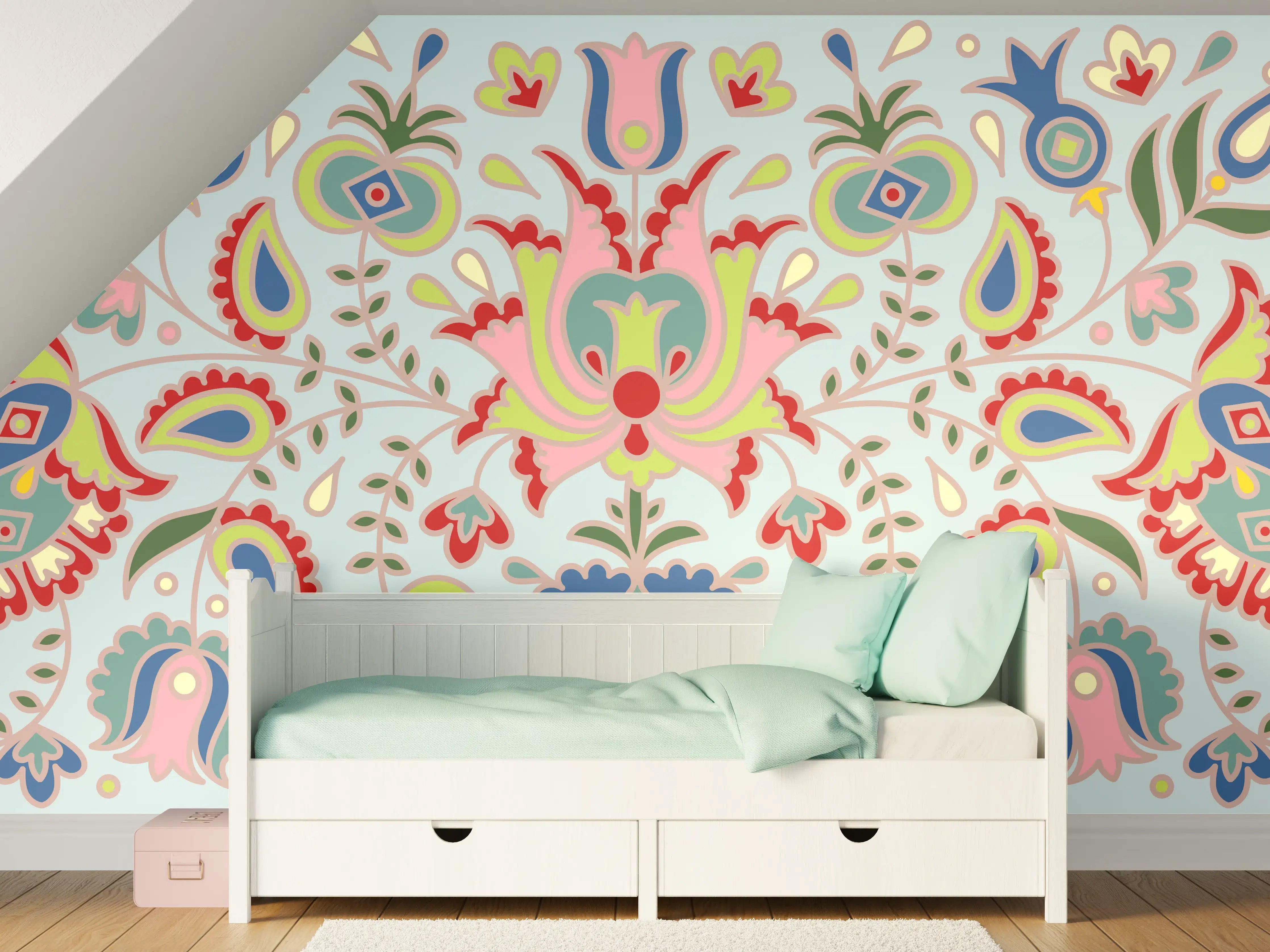 Kinderzimmer Wandgestaltung - Bunte Folklore-Muster Textilprint