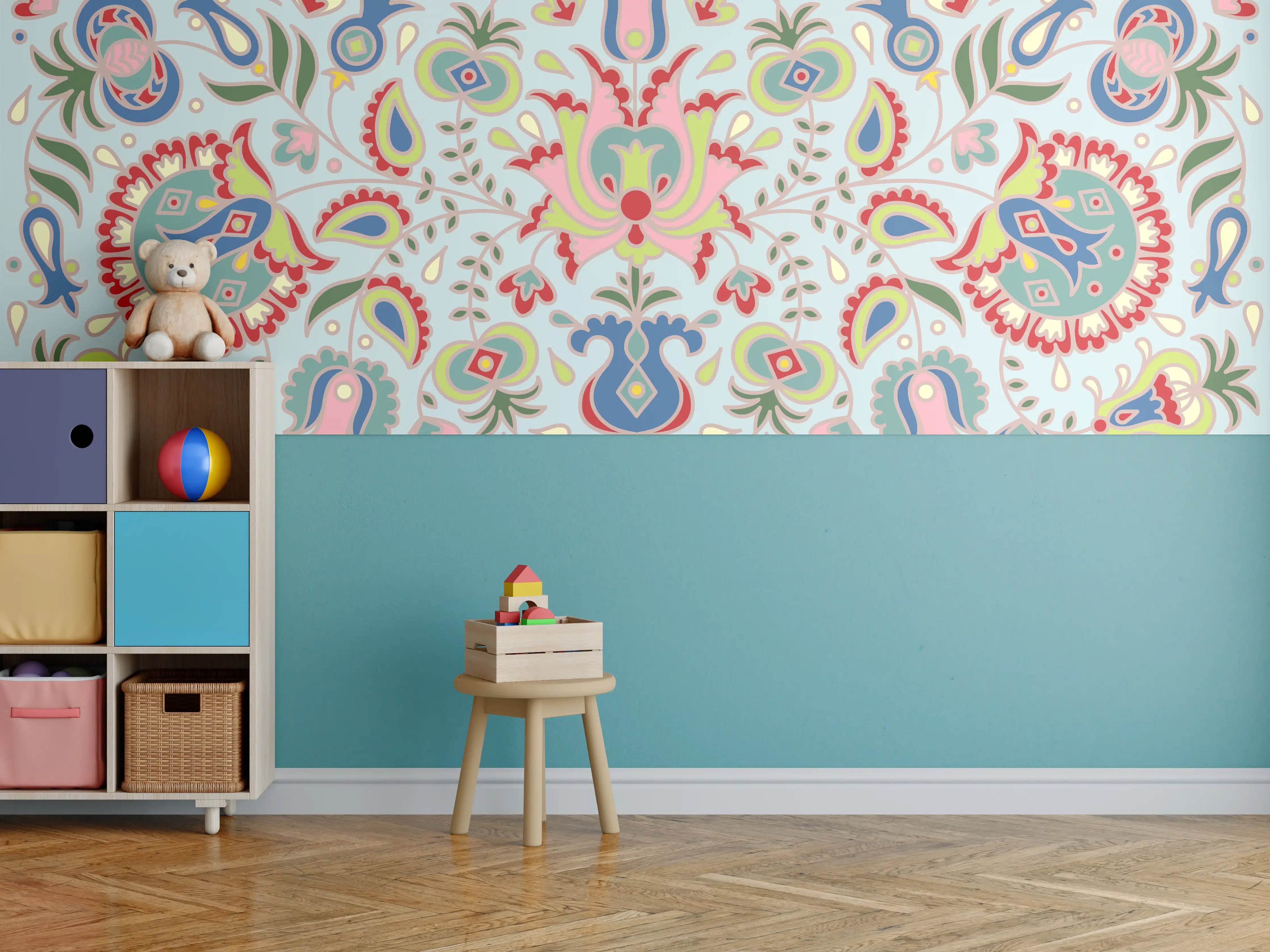 Kinderzimmer Wandgestaltung - Bunte Folklore-Muster Textilprint