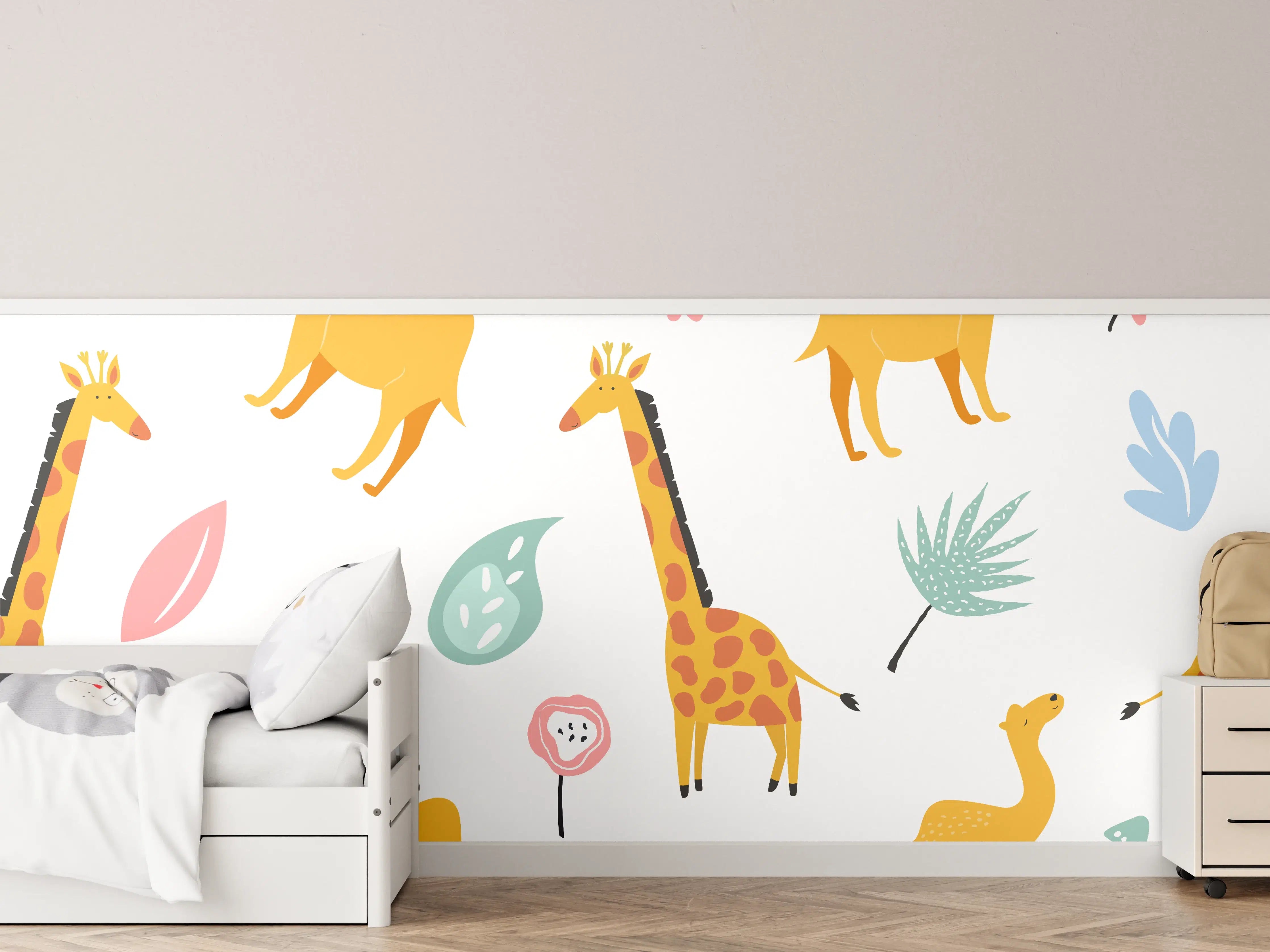 Kinderzimmer Wandgestaltung - Bunte Giraffen & Blumen Muster