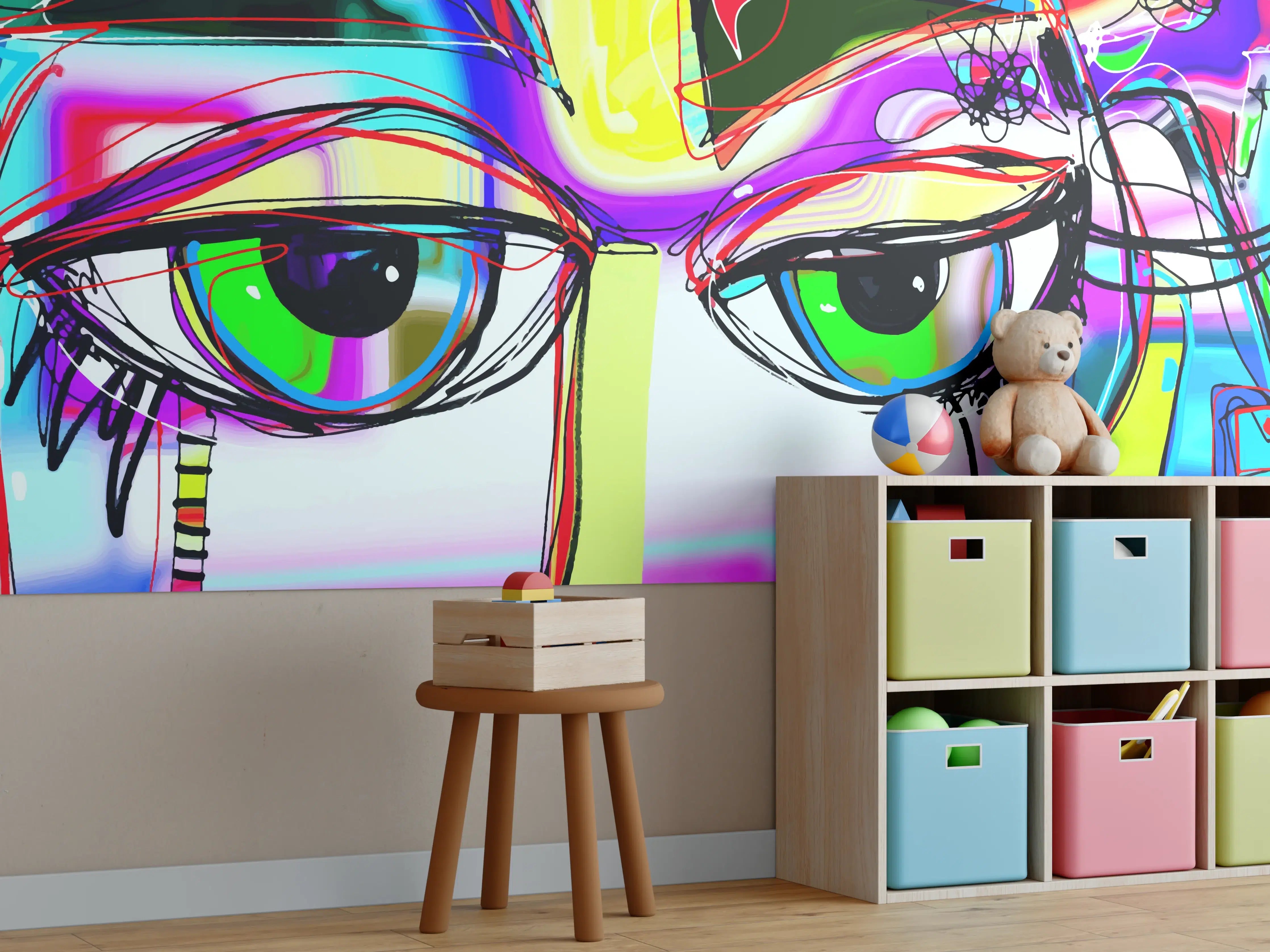 Kinderzimmer Wandgestaltung - Bunte Graffiti-Augen Kunstwerk
