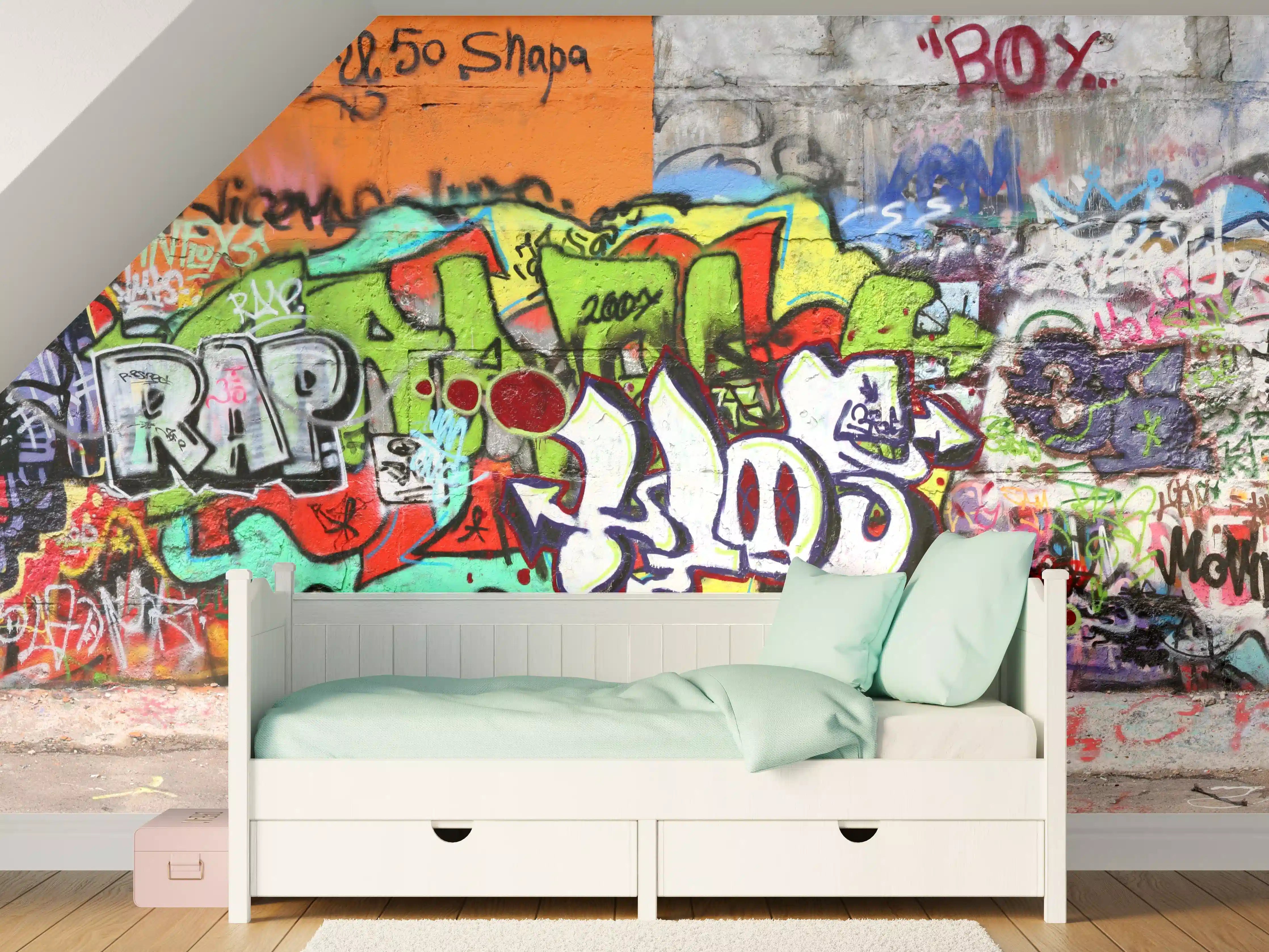 Kinderzimmer Wandgestaltung - Bunte Graffiti-Kunst Wand