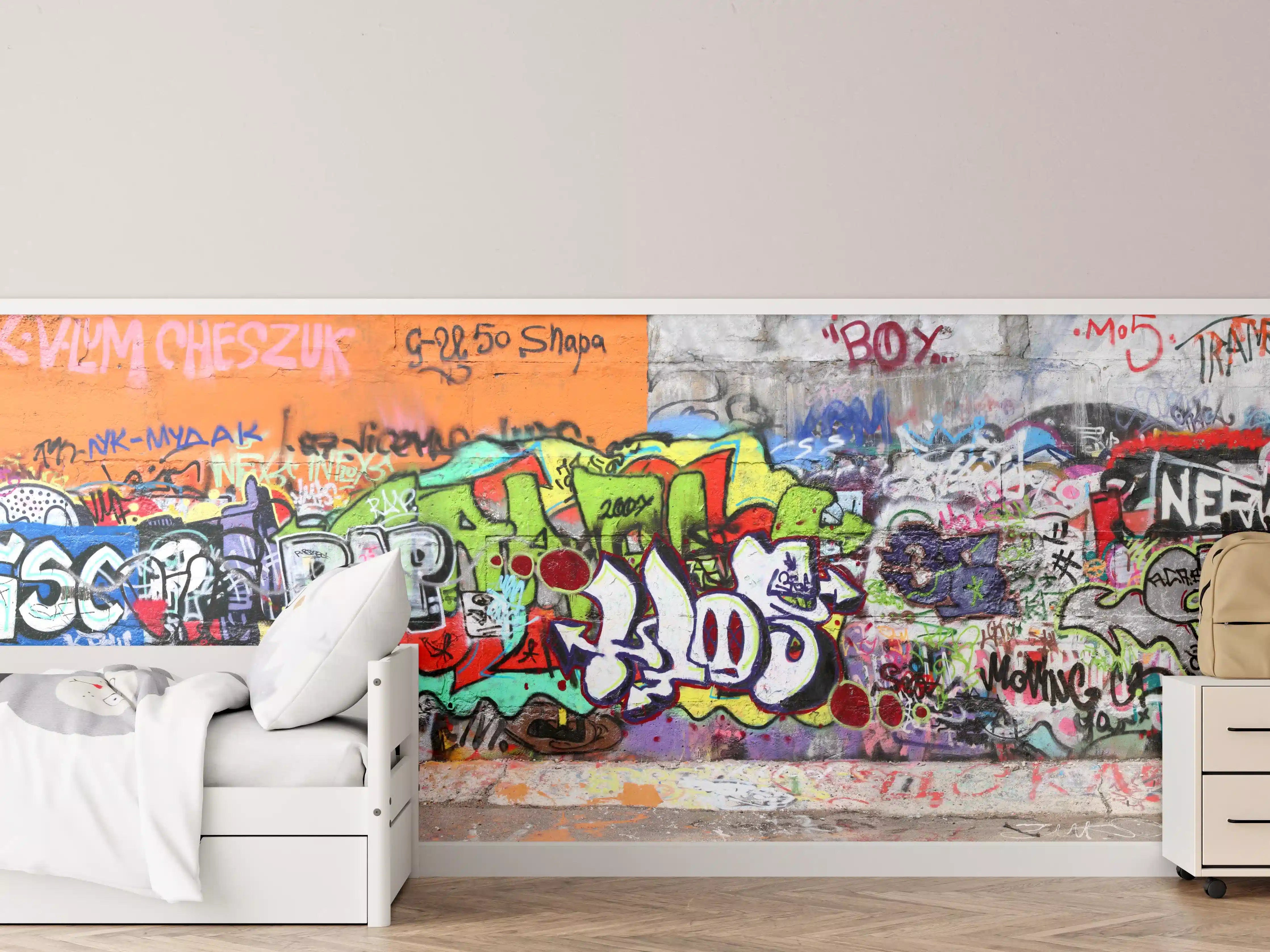 Kinderzimmer Wandgestaltung - Bunte Graffiti-Kunst Wand