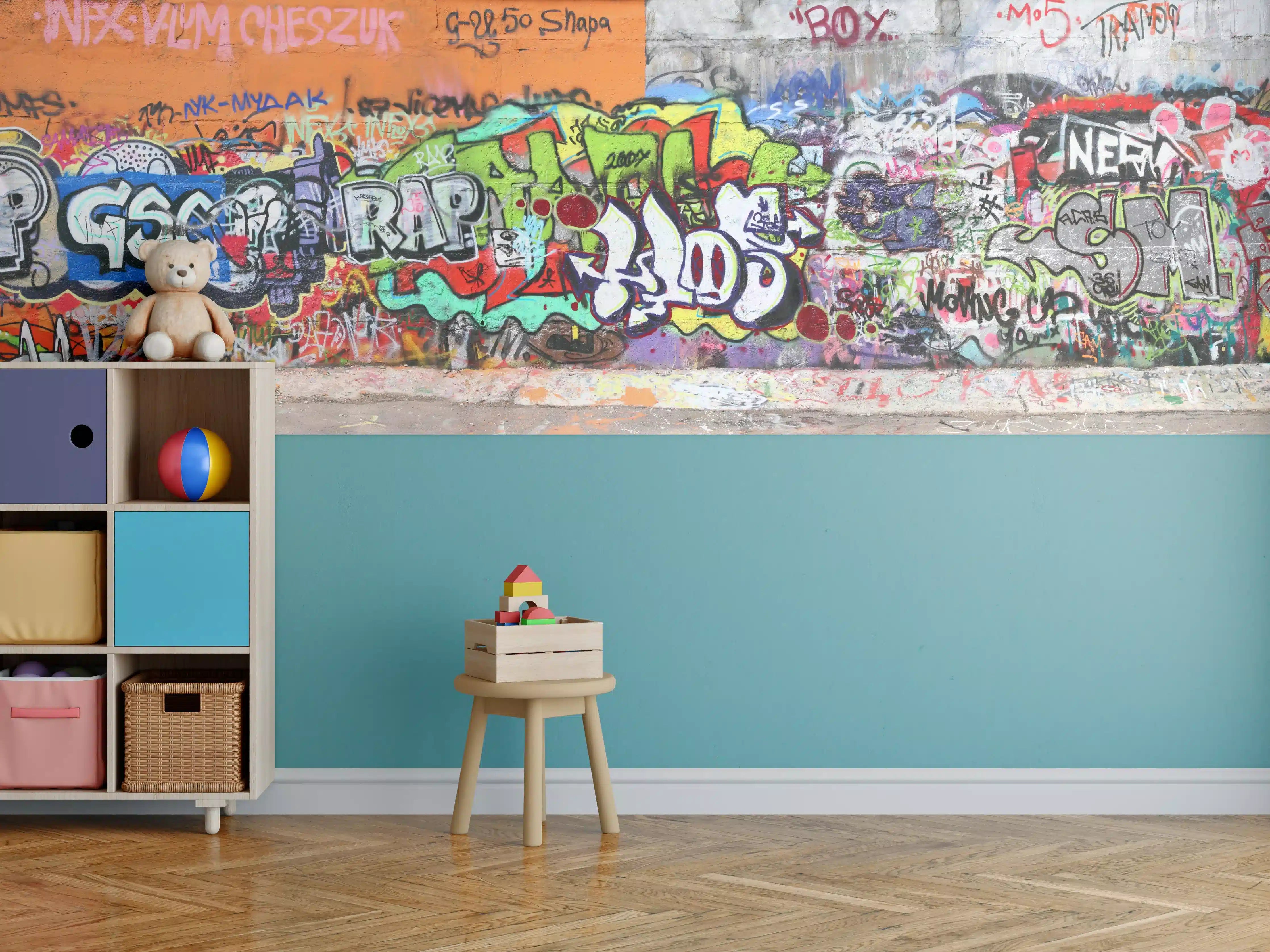 Kinderzimmer Wandgestaltung - Bunte Graffiti-Kunst Wand