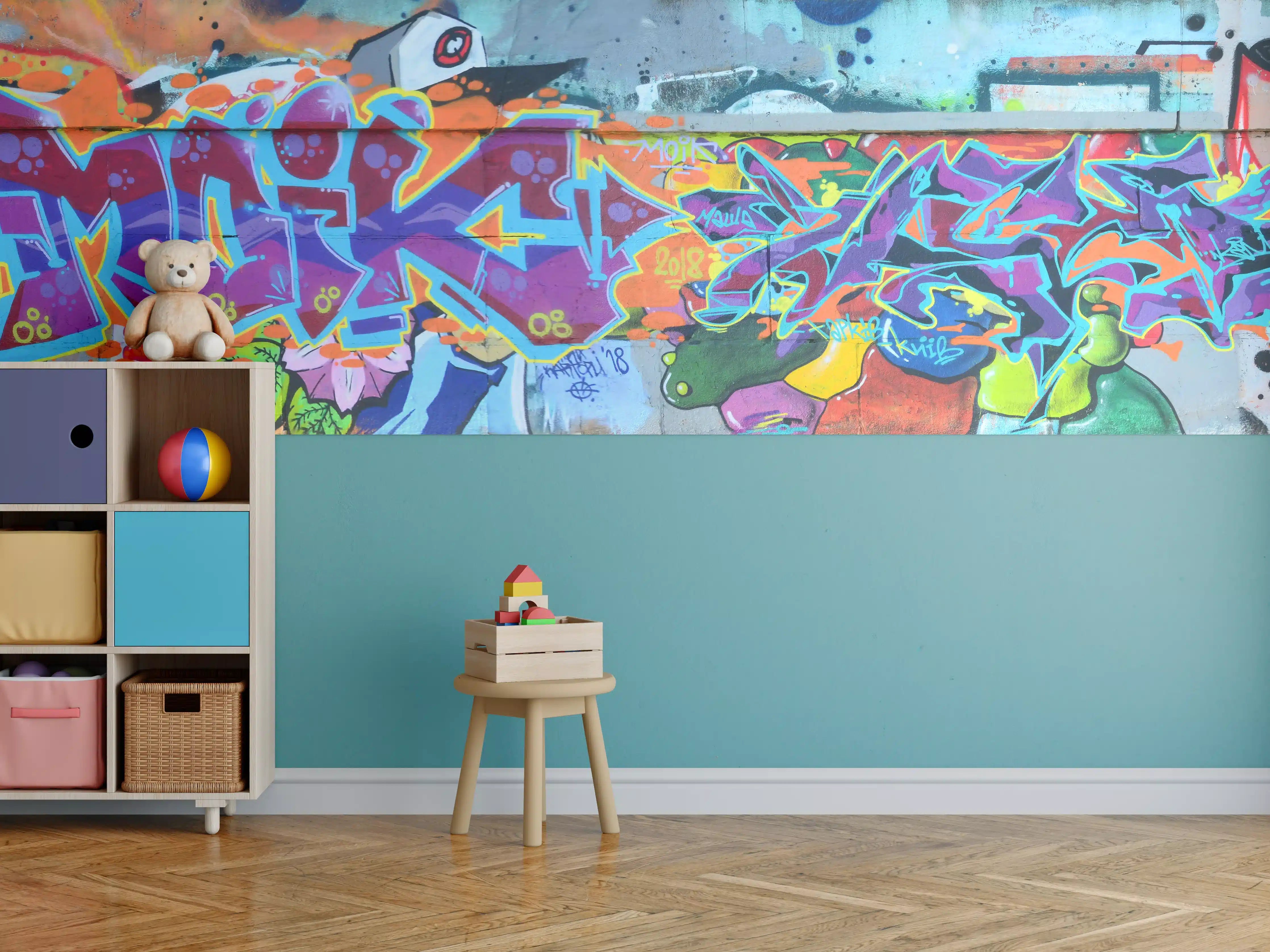 Kinderzimmer Wandgestaltung - Bunte Graffiti-Wandkunst