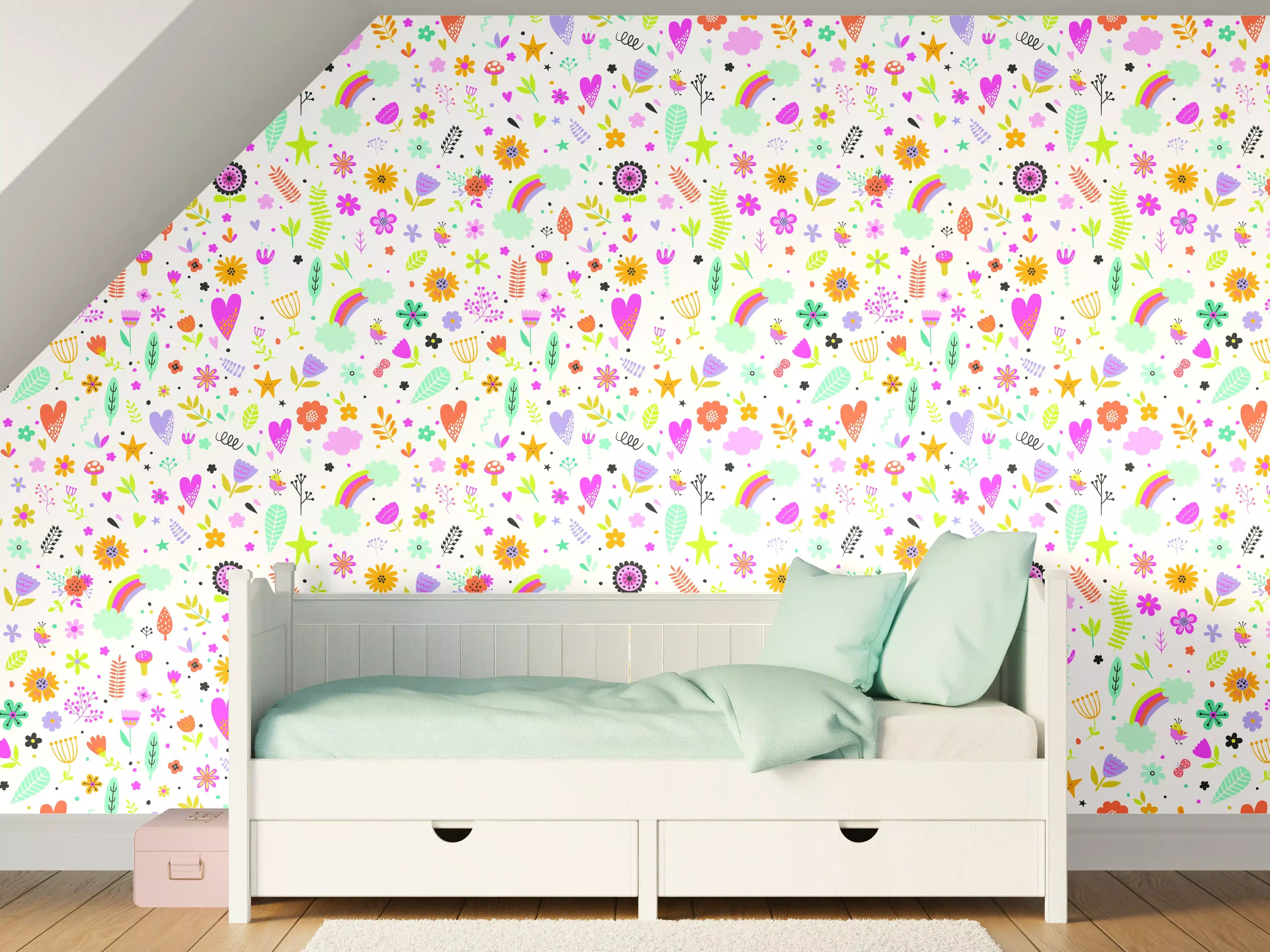 Kinderzimmer Wandgestaltung - Bunte Herz- und Blumenmuster mit Pastellfarben