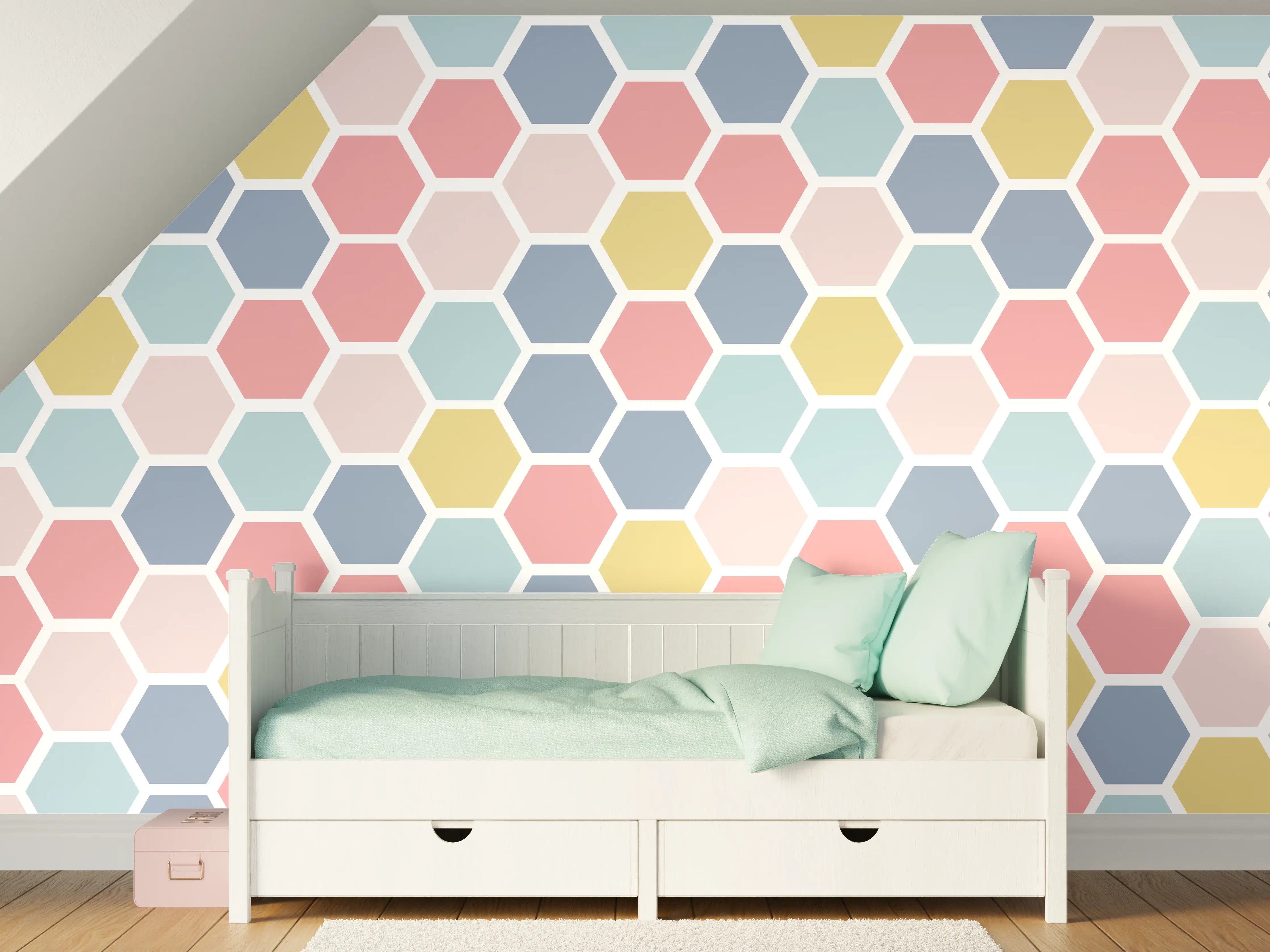 Kinderzimmer Wandgestaltung - Bunte Hexagon-Muster Tapete