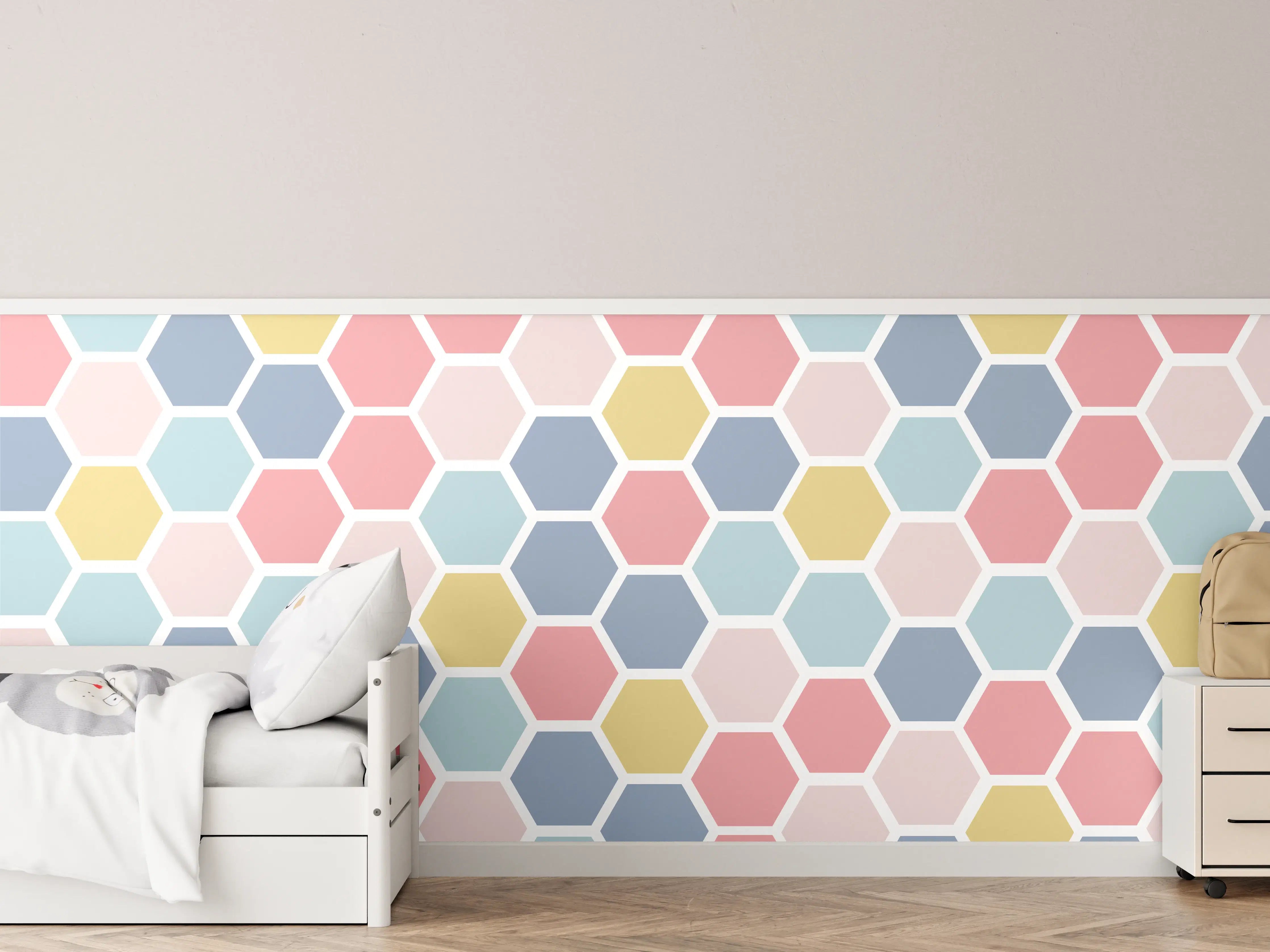 Kinderzimmer Wandgestaltung - Bunte Hexagon-Muster Tapete