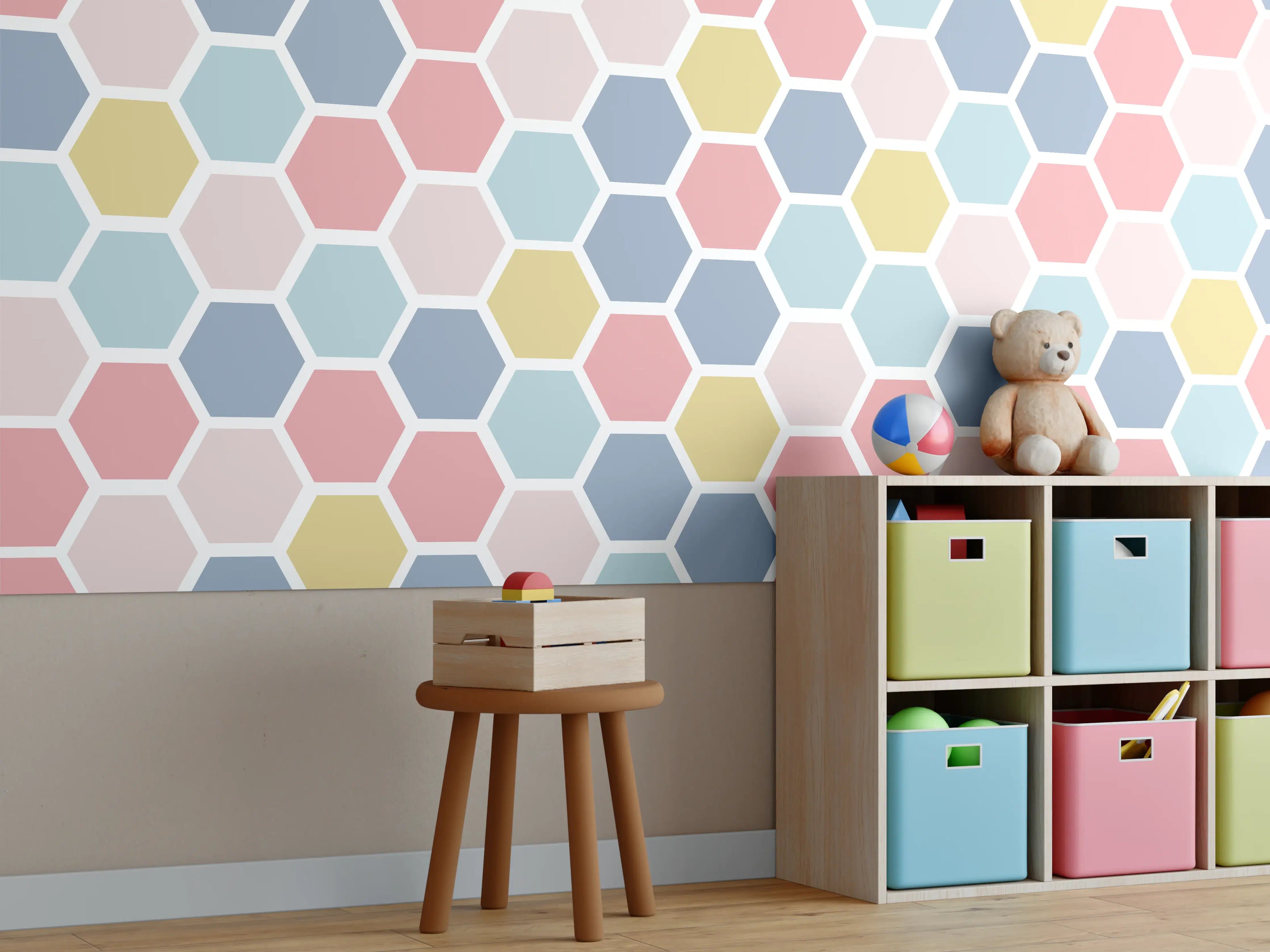 Kinderzimmer Wandgestaltung - Bunte Hexagon-Muster Tapete