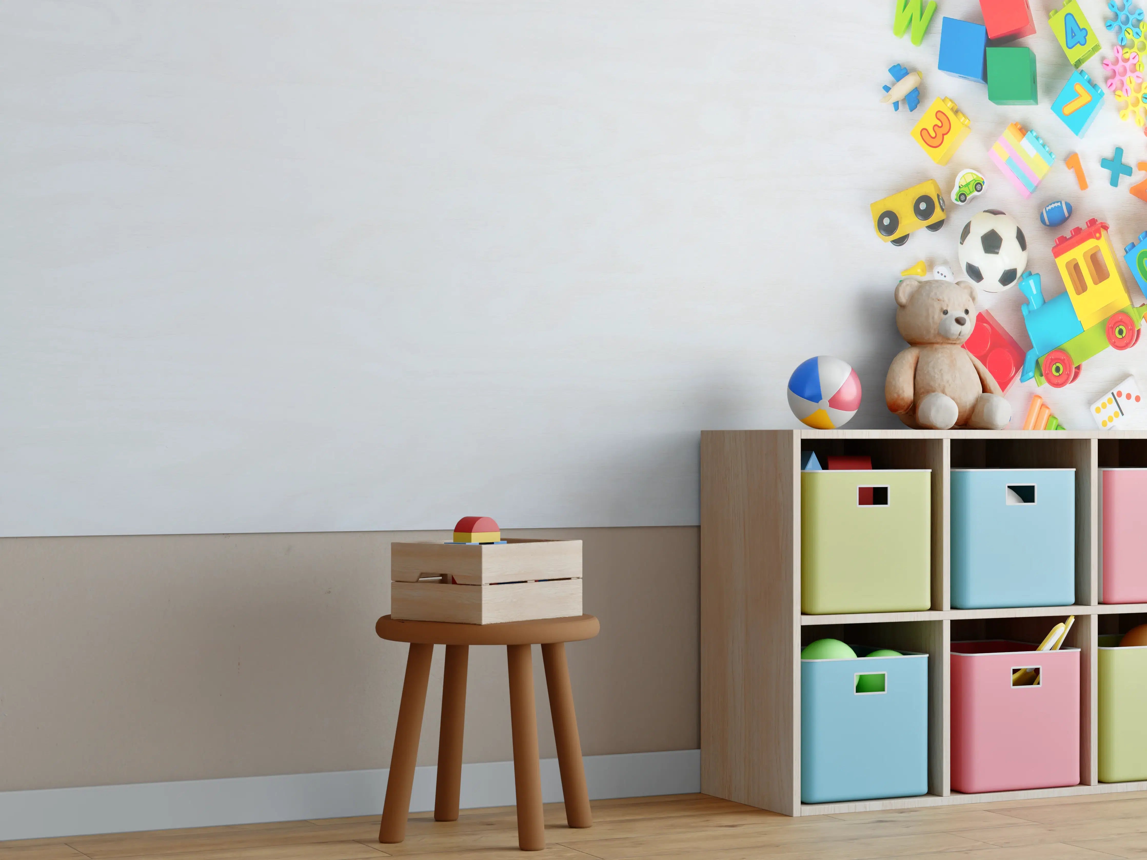 Kinderzimmer Wandgestaltung - Bunte Kinder Holzspielzeuge