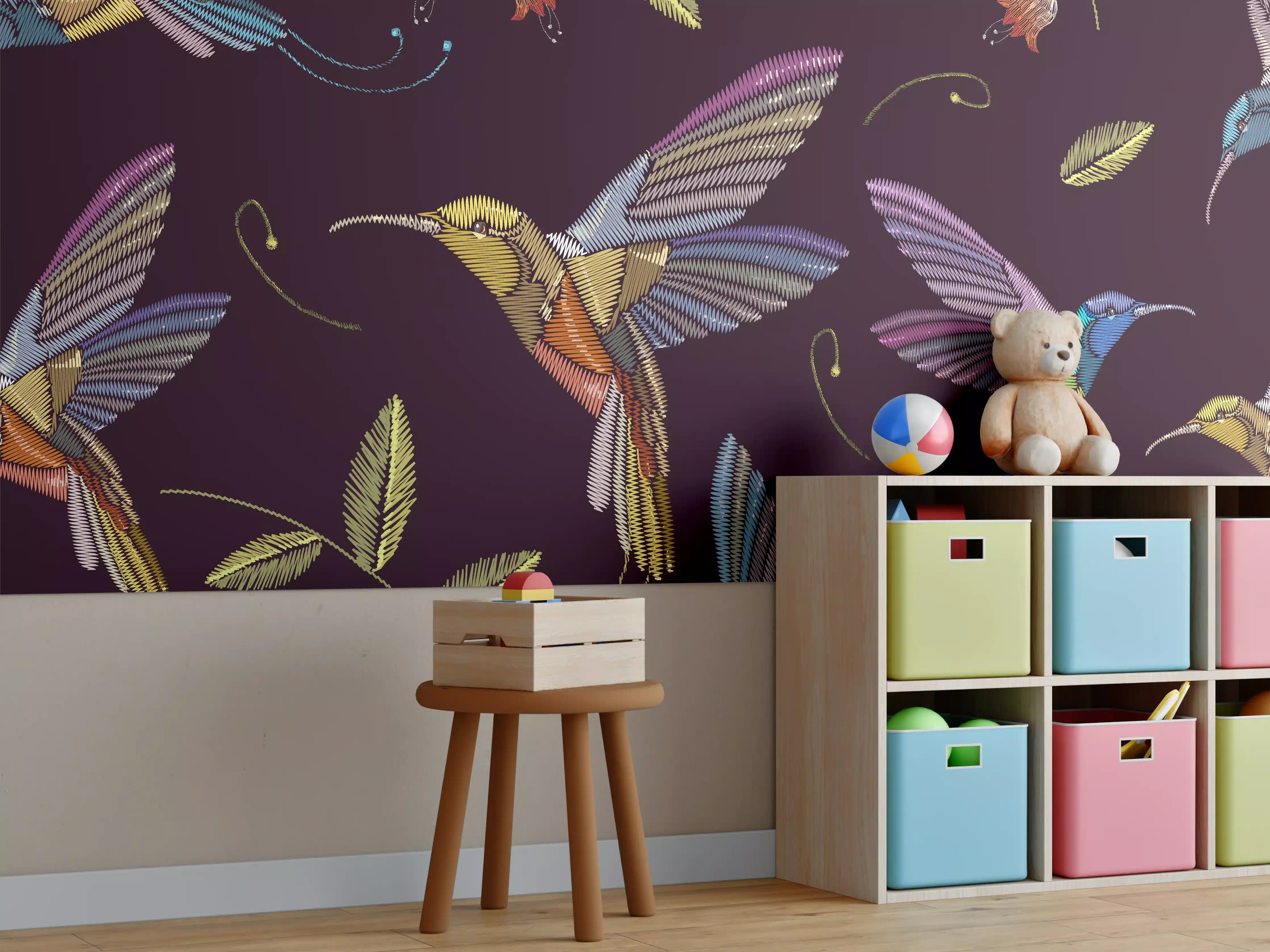 Kinderzimmer Wandgestaltung - Bunte Kolibri-Stickerei-Muster