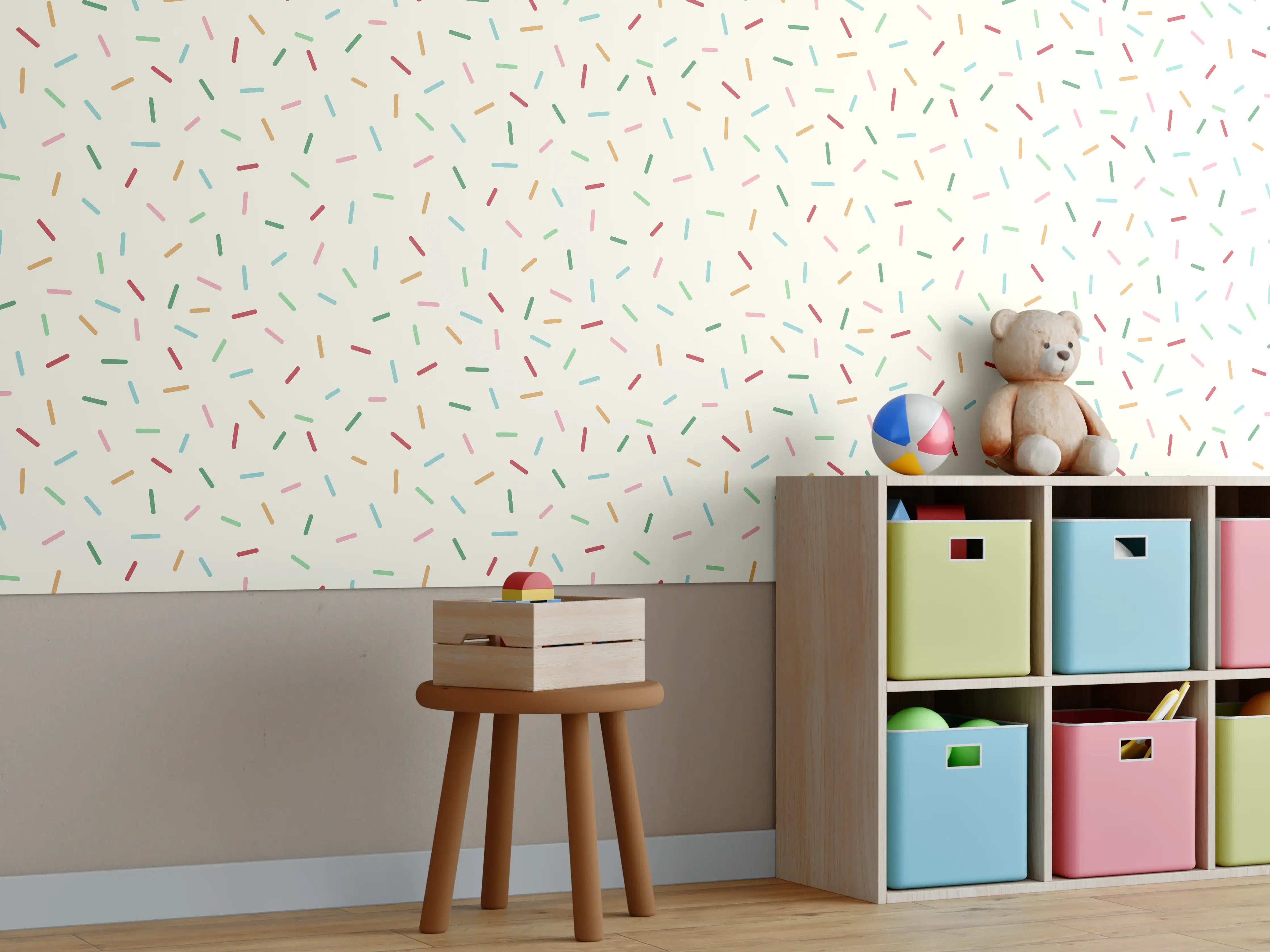 Kinderzimmer Wandgestaltung - Bunte Konfetti-Explosion auf hellem Hintergrund