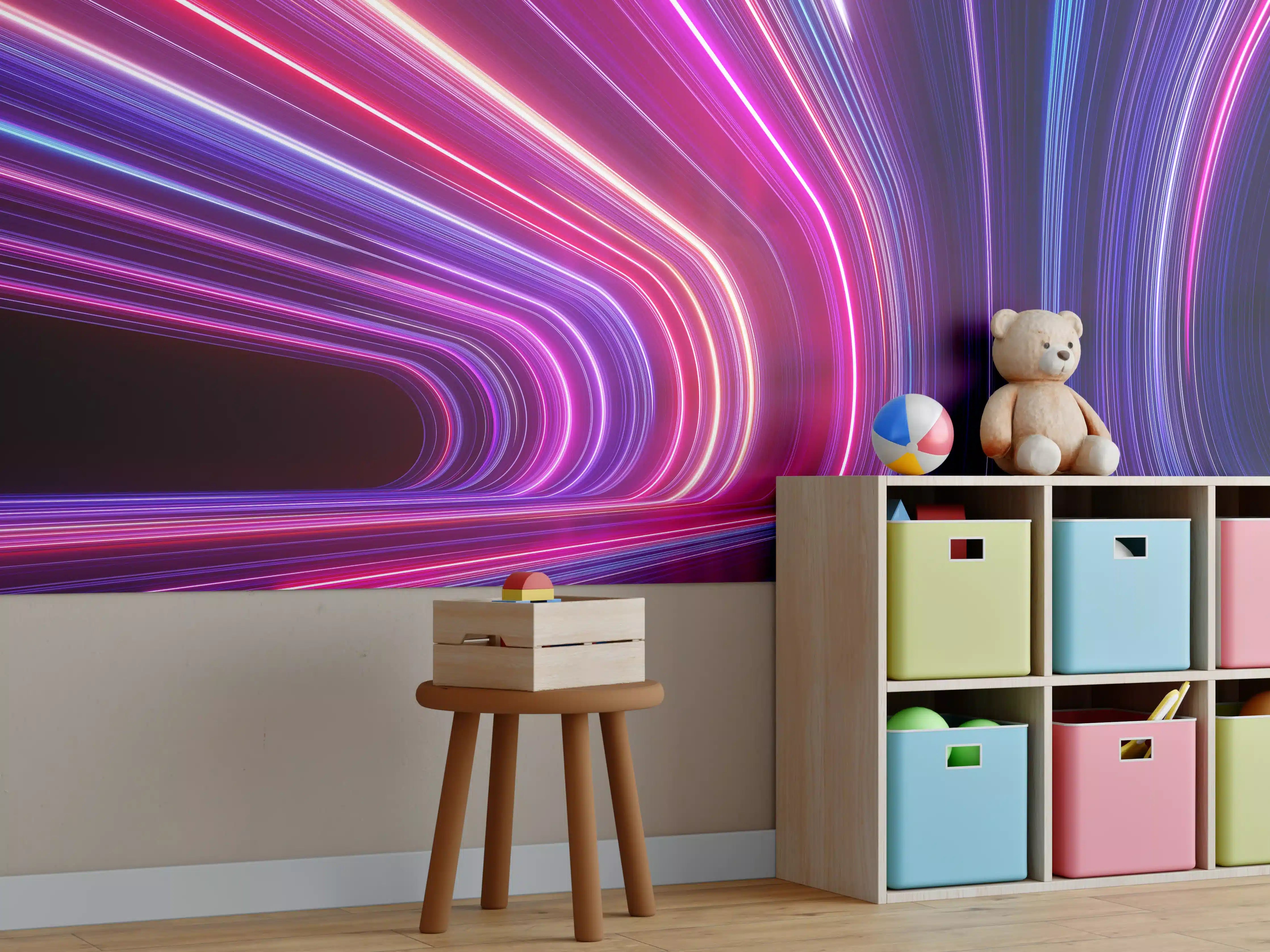 Kinderzimmer Wandgestaltung - Bunte Lichtstrahlen in dunklem Tunnel