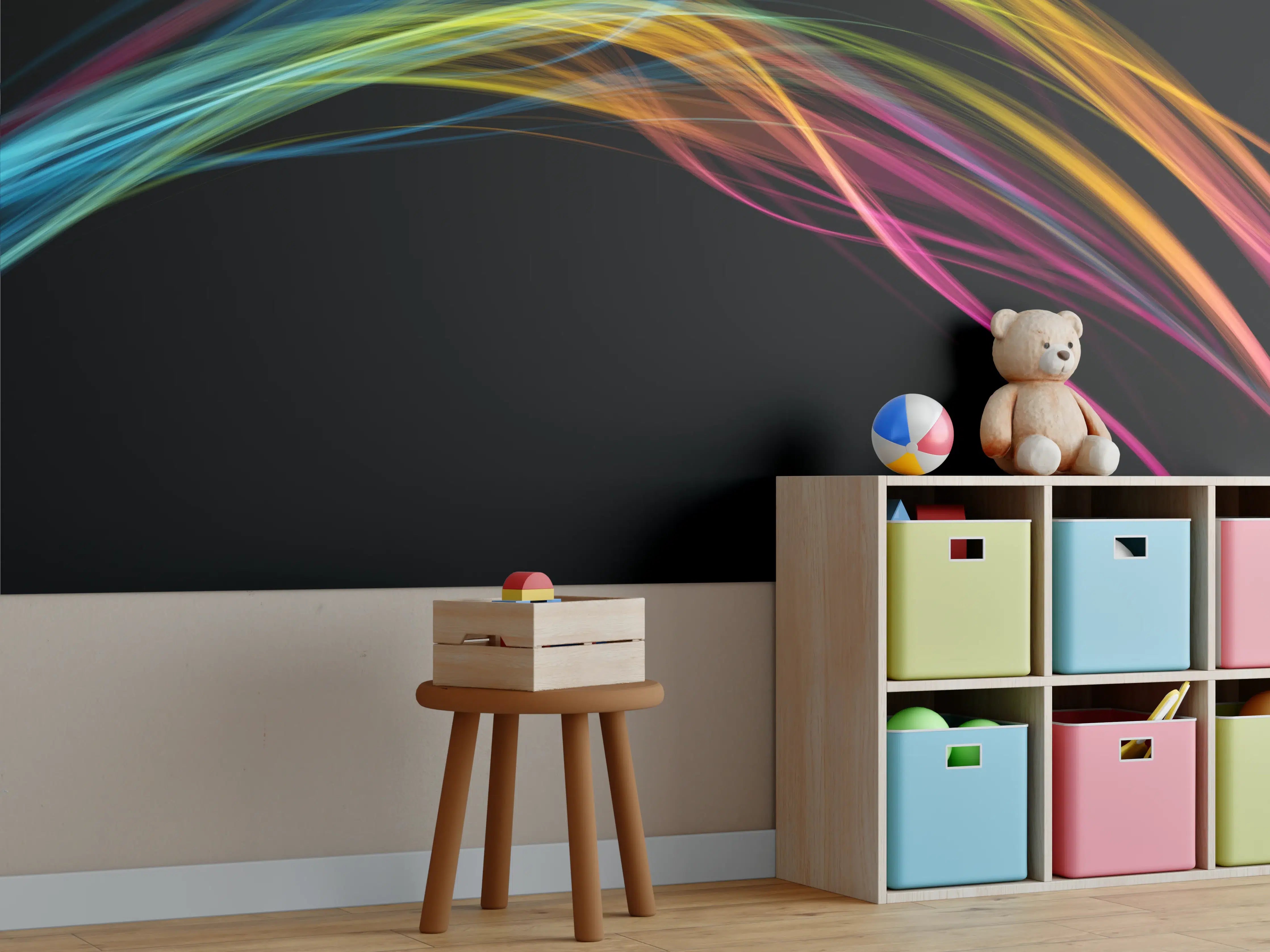 Kinderzimmer Wandgestaltung - Bunte Lichtwellen auf schwarzem Hintergrund