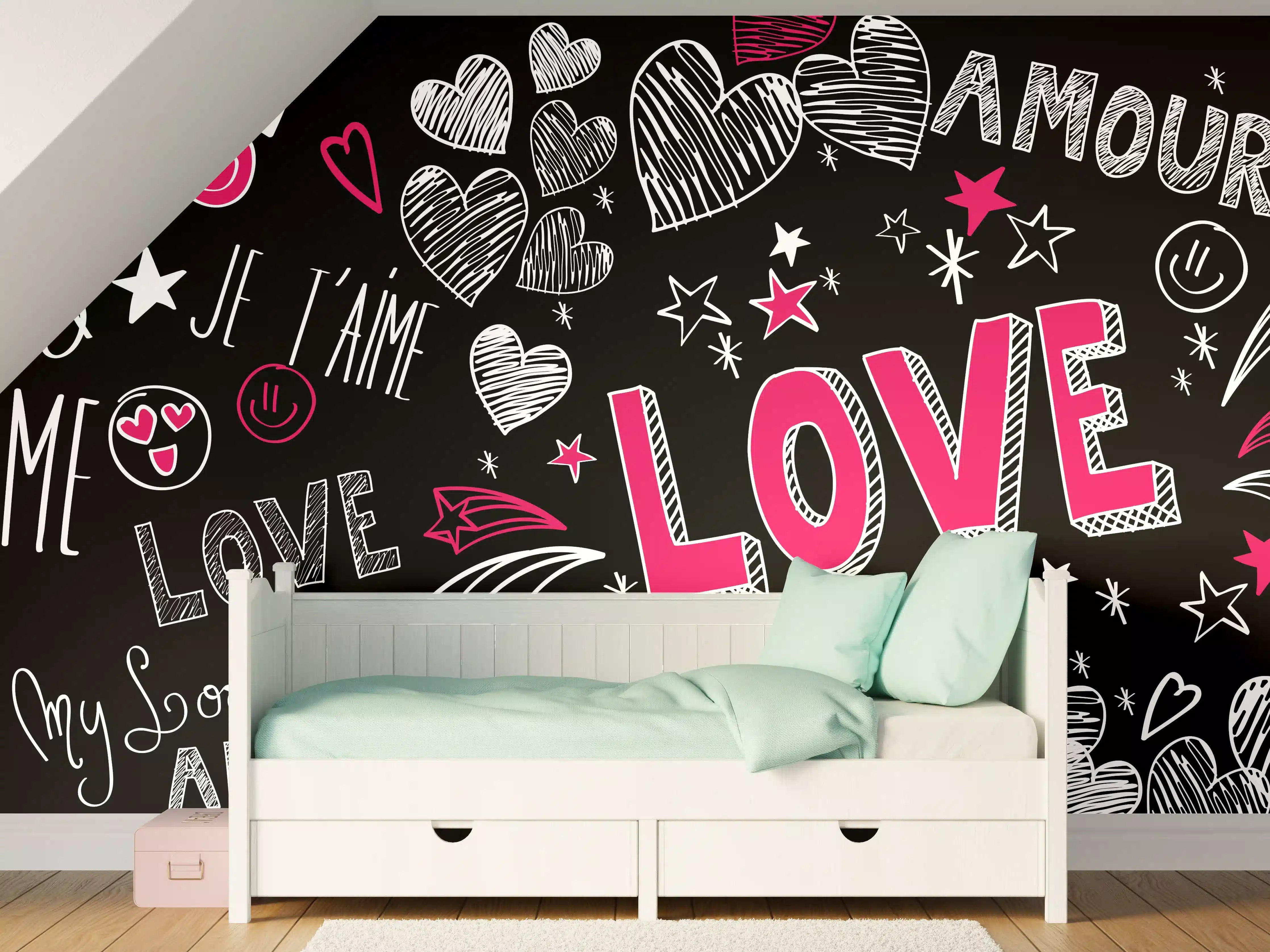 Kinderzimmer Wandgestaltung - Bunte Liebe Herzen Schrift Banner
