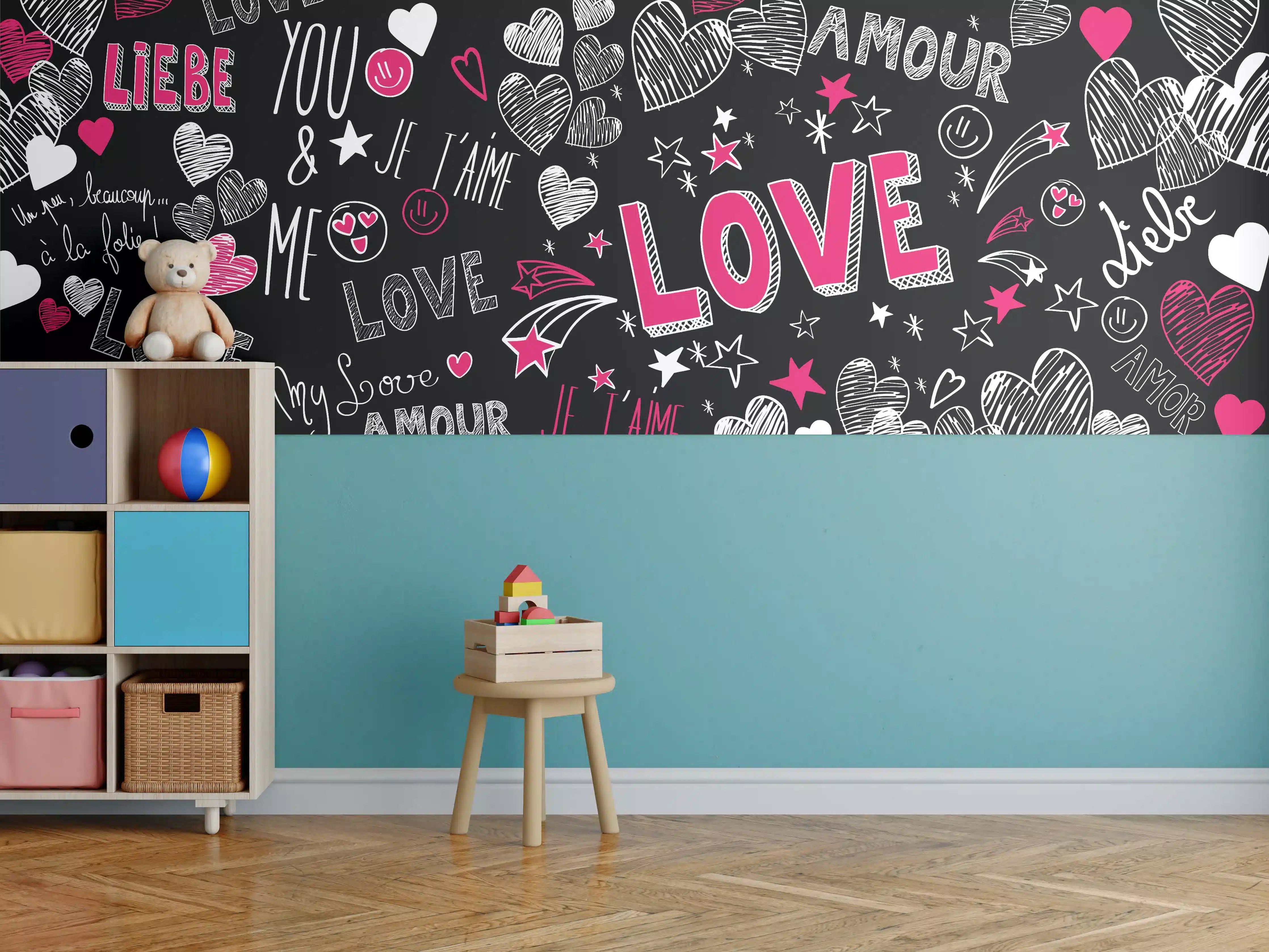Kinderzimmer Wandgestaltung - Bunte Liebe Herzen Schrift Banner