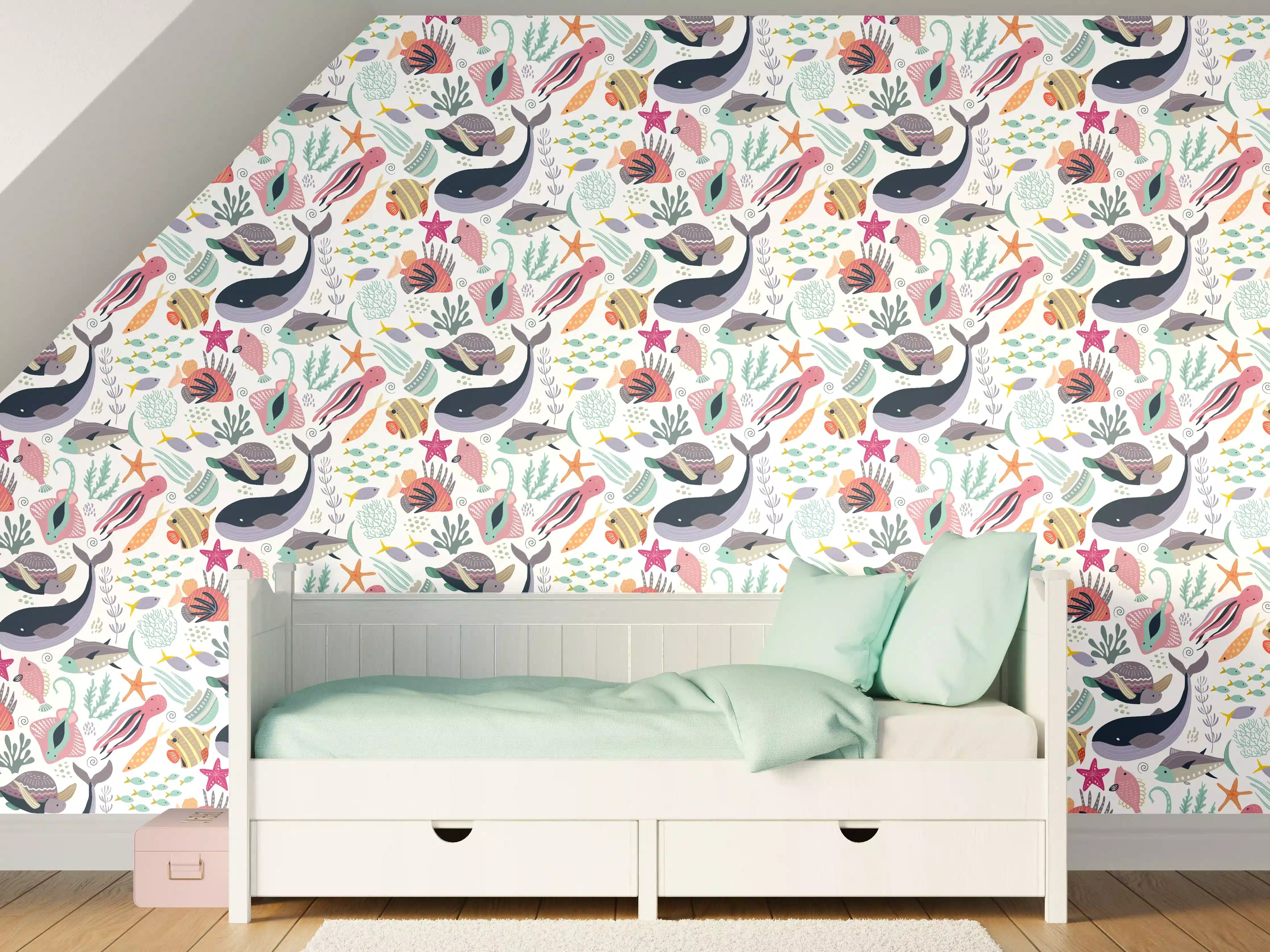 Kinderzimmer Wandgestaltung - Bunte Meereswelt mit Walen und Korallen