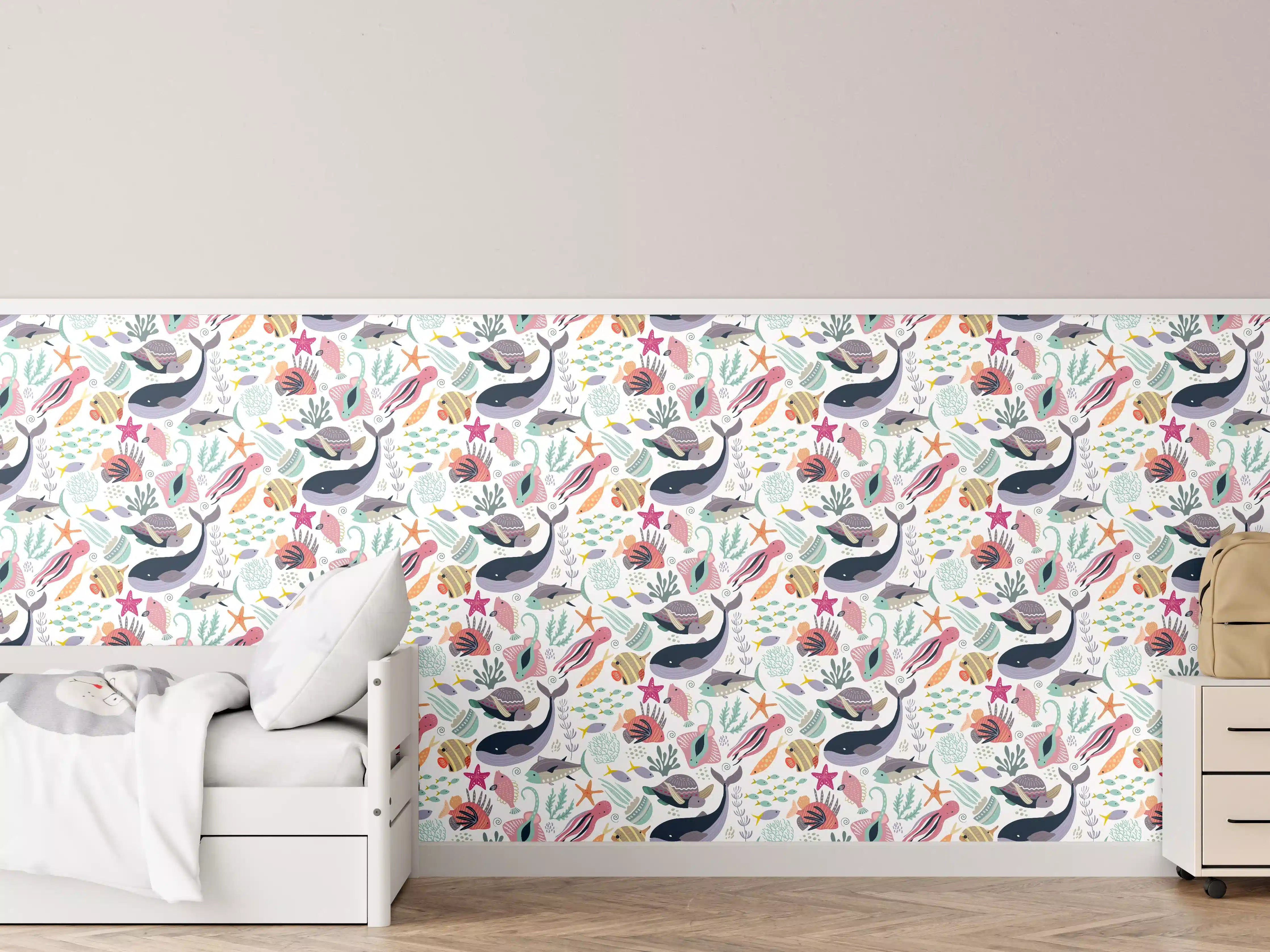 Kinderzimmer Wandgestaltung - Bunte Meereswelt mit Walen und Korallen