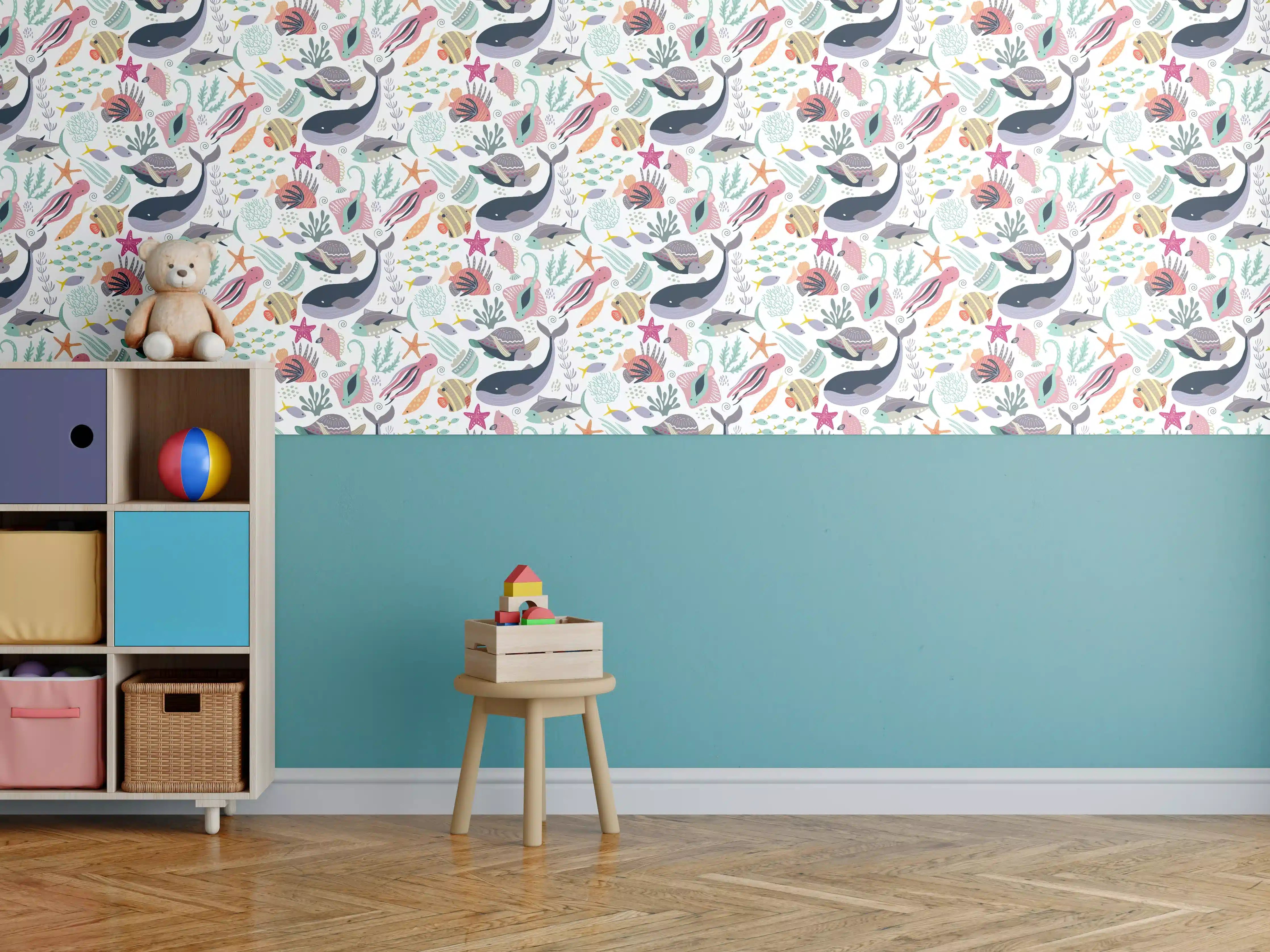 Kinderzimmer Wandgestaltung - Bunte Meereswelt mit Walen und Korallen