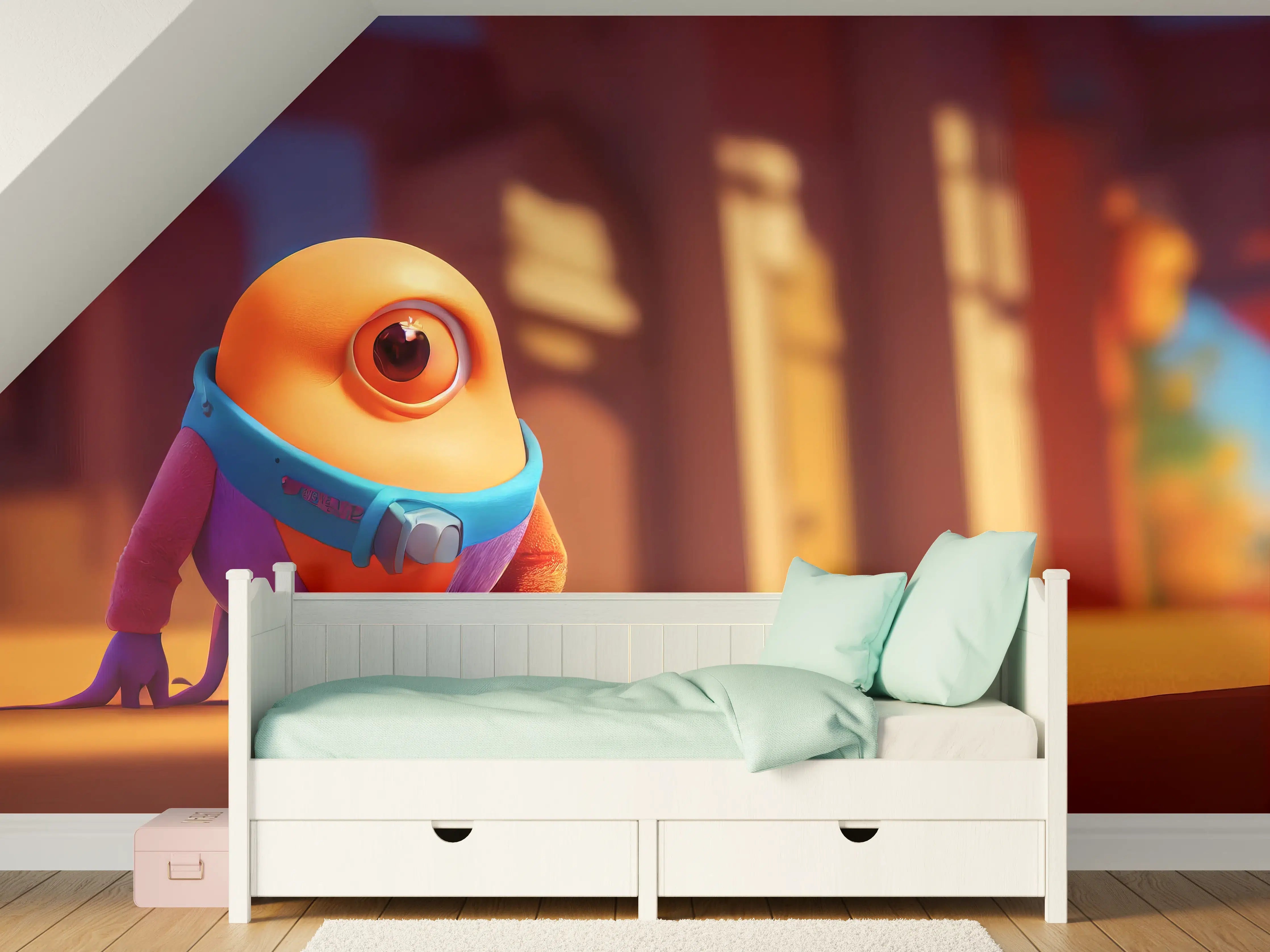 Kinderzimmer Wandgestaltung - Bunte Minion-Figur mit großem Auge auf gelbem Hintergrund