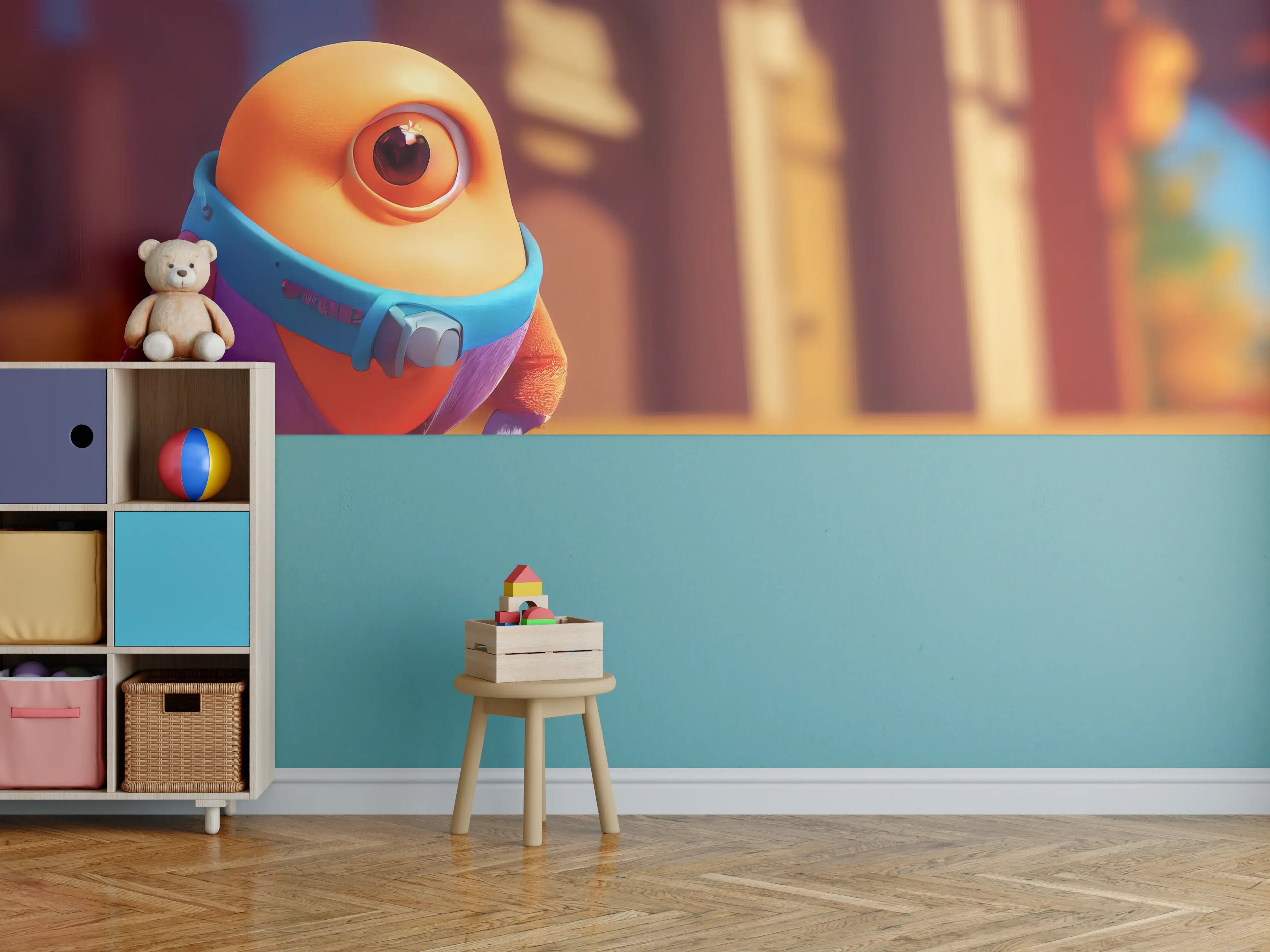 Kinderzimmer Wandgestaltung - Bunte Minion-Figur mit großem Auge auf gelbem Hintergrund