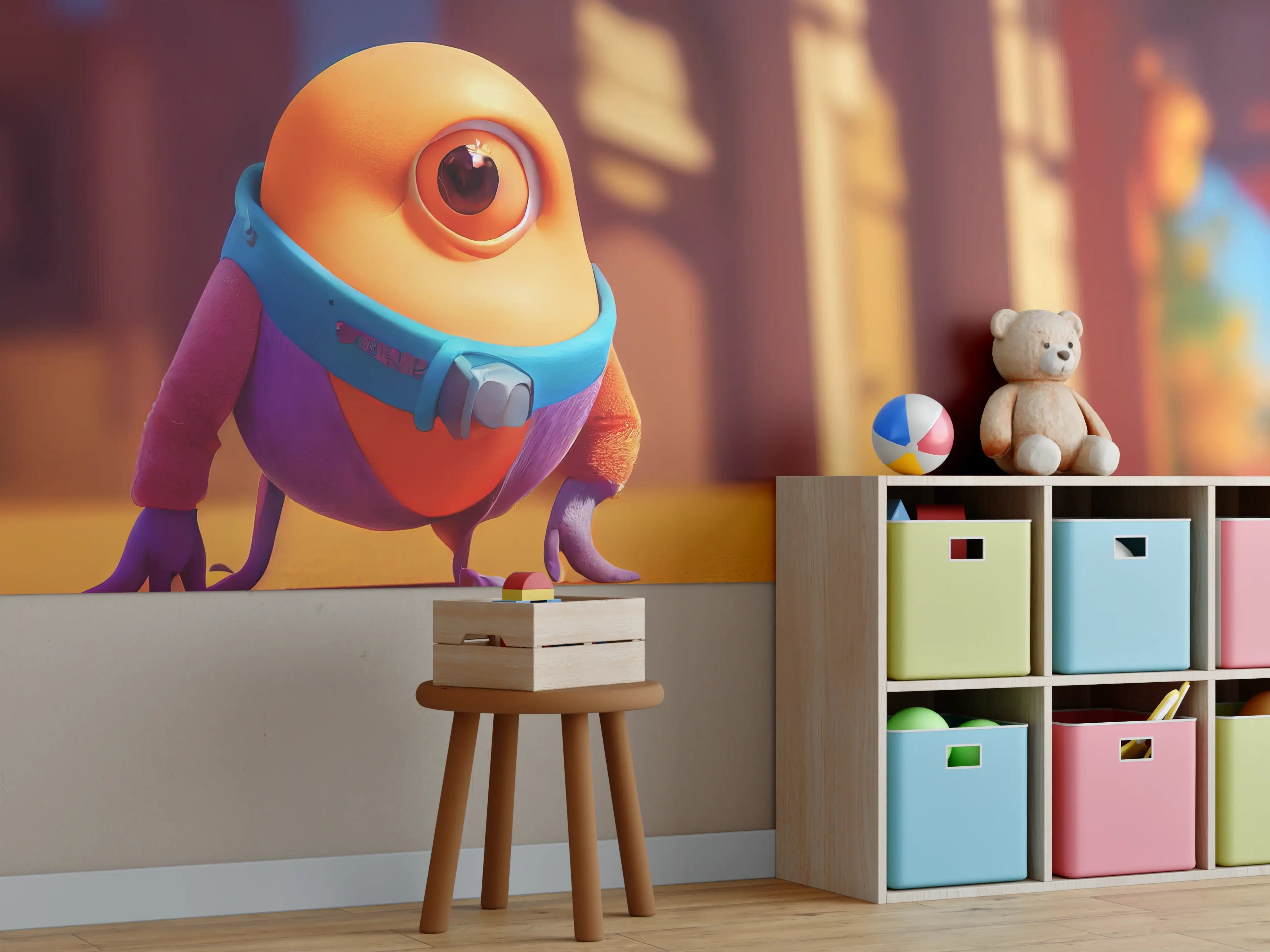 Kinderzimmer Wandgestaltung - Bunte Minion-Figur mit großem Auge auf gelbem Hintergrund