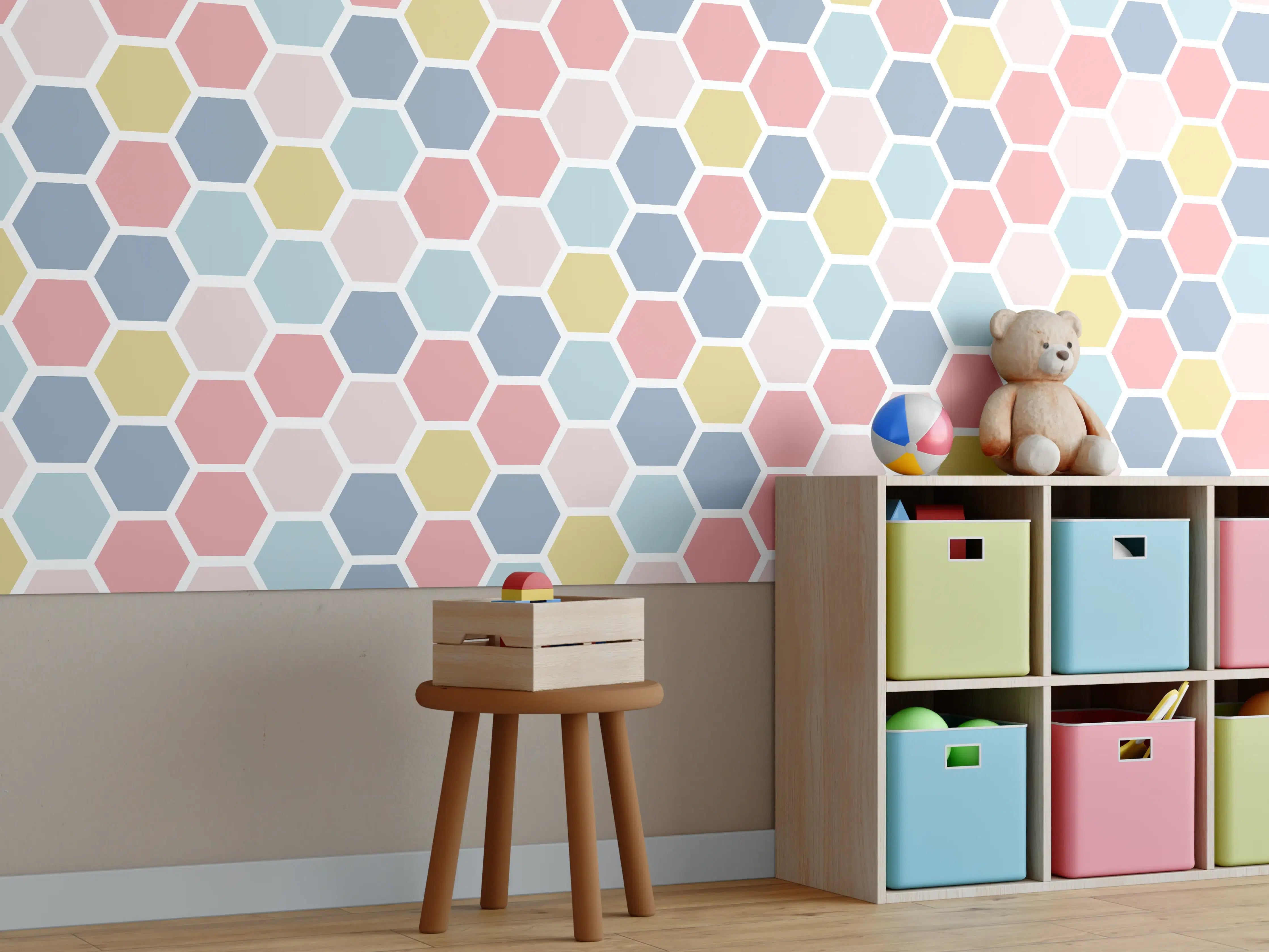 Kinderzimmer Wandgestaltung - Bunte Nordische Hexagon Muster