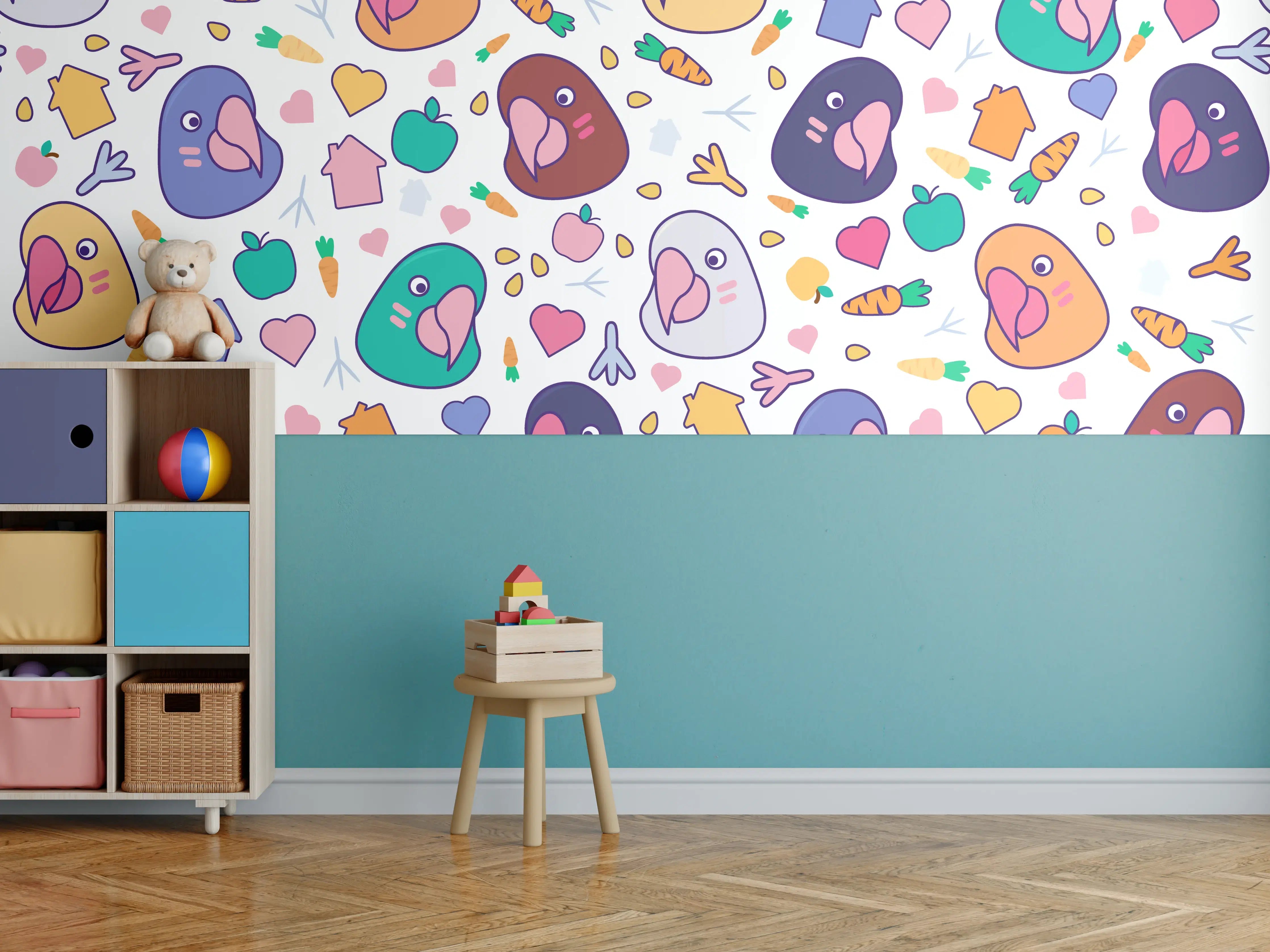 Kinderzimmer Wandgestaltung - Bunte Papageien mit Frühlingselementen