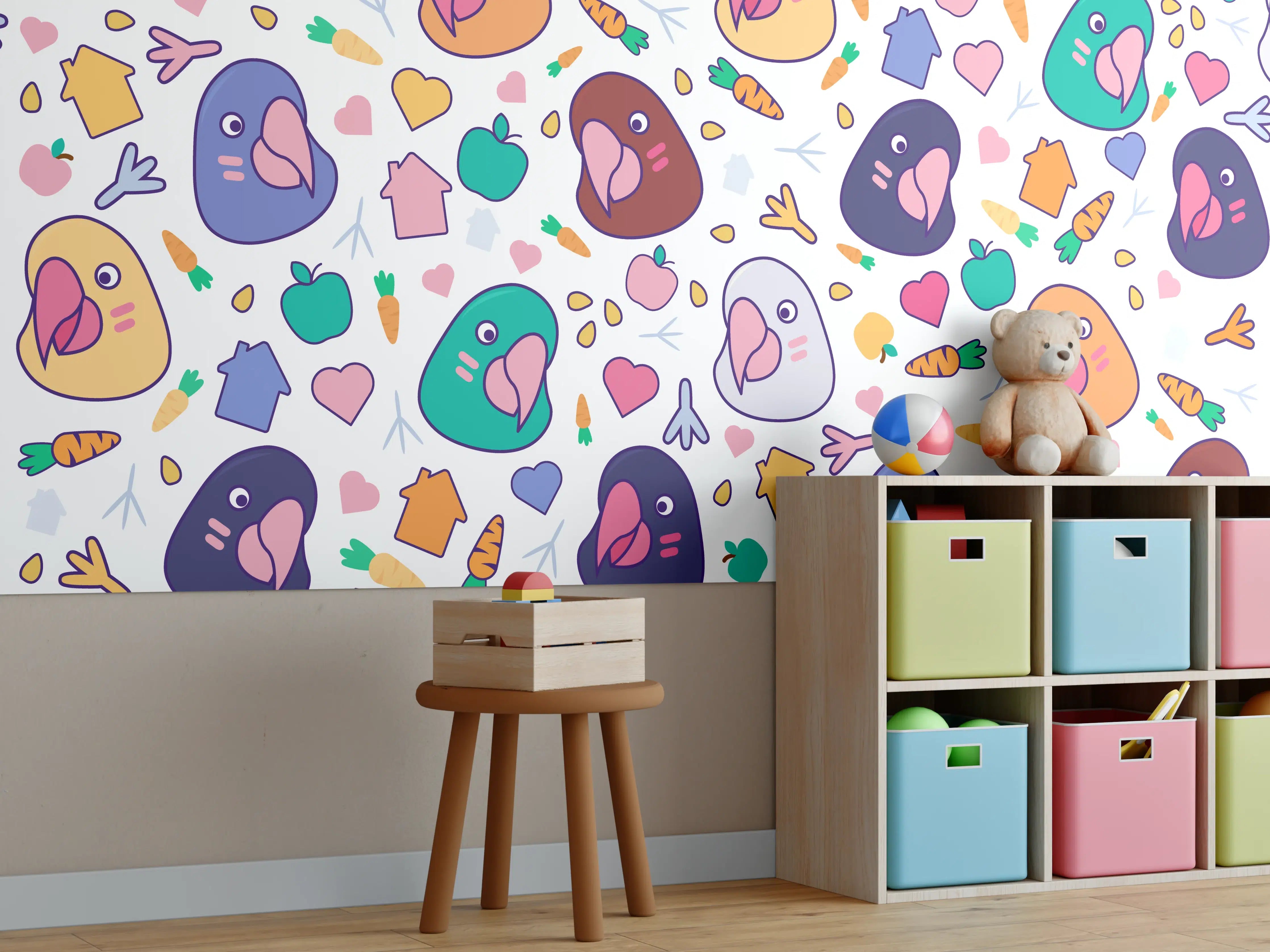 Kinderzimmer Wandgestaltung - Bunte Papageien mit Frühlingselementen