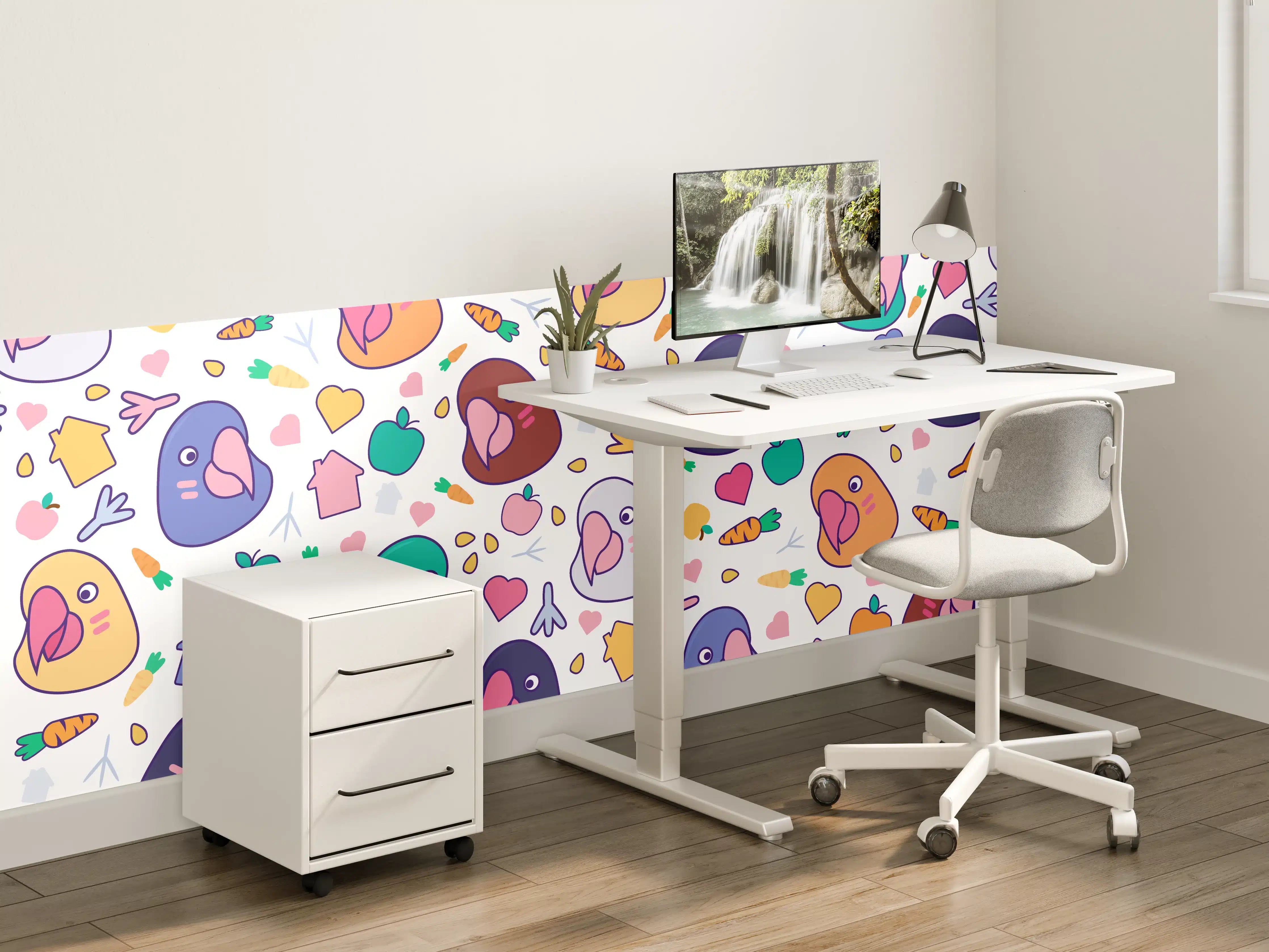 Kinderzimmer Wandgestaltung - Bunte Papageien mit Frühlingselementen