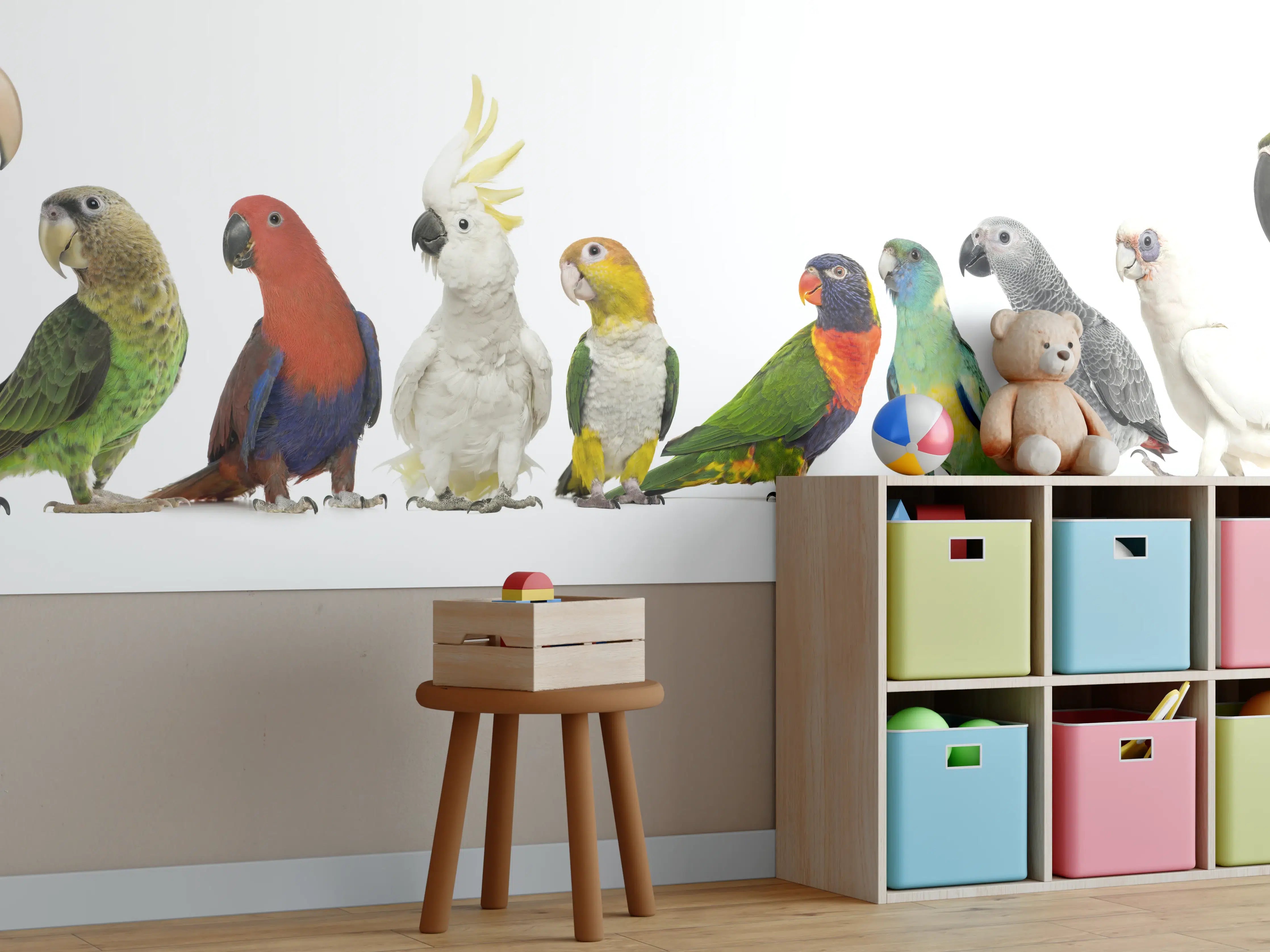 Kinderzimmer Wandgestaltung - Bunte Papageien und Vögel in natürlicher Szenerie